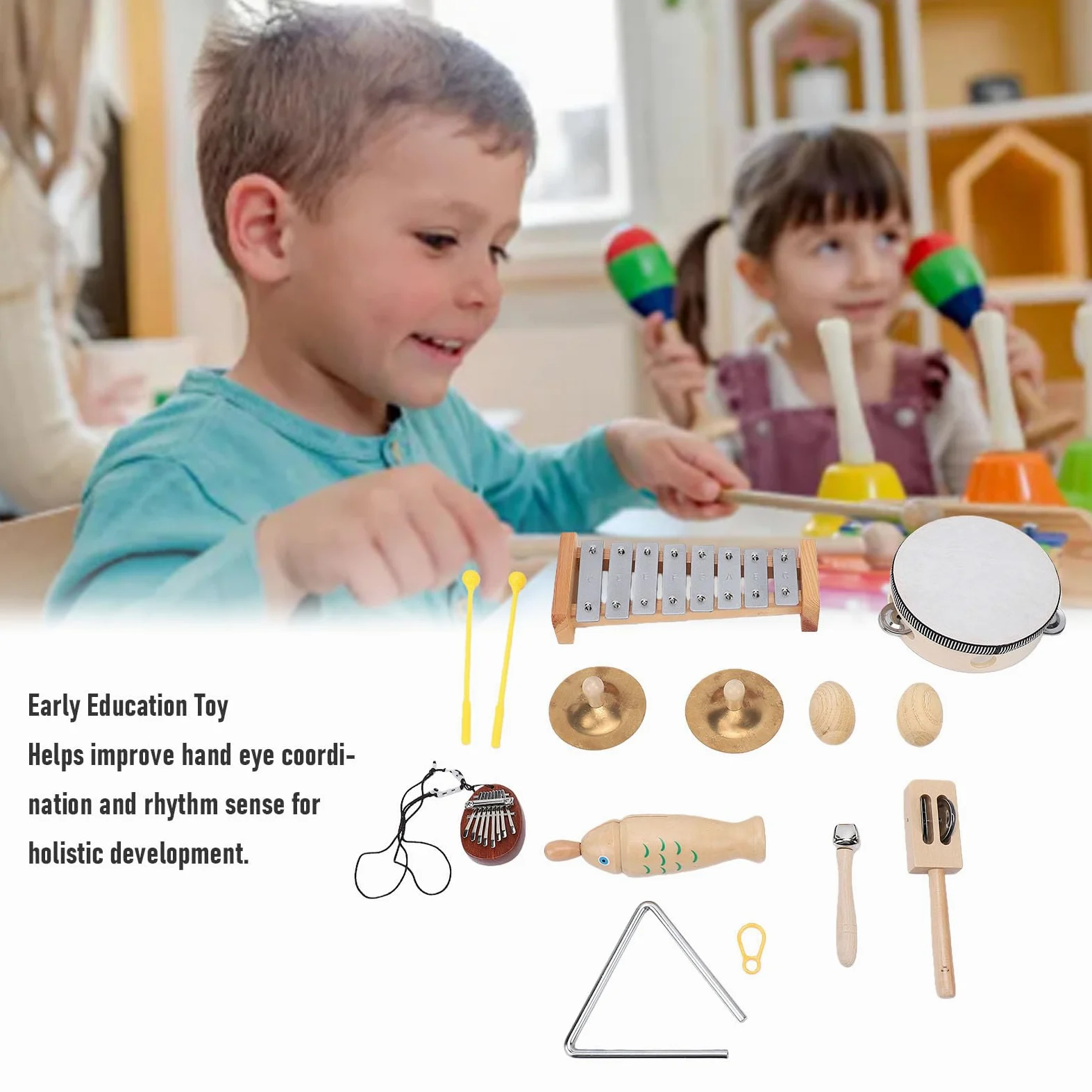 Fafeicy Set di Strumenti a Percussione in Legno, Kit di Strumenti Musicali con Xilofono, Tamburello, Maracas, per L'educazione prescolare.