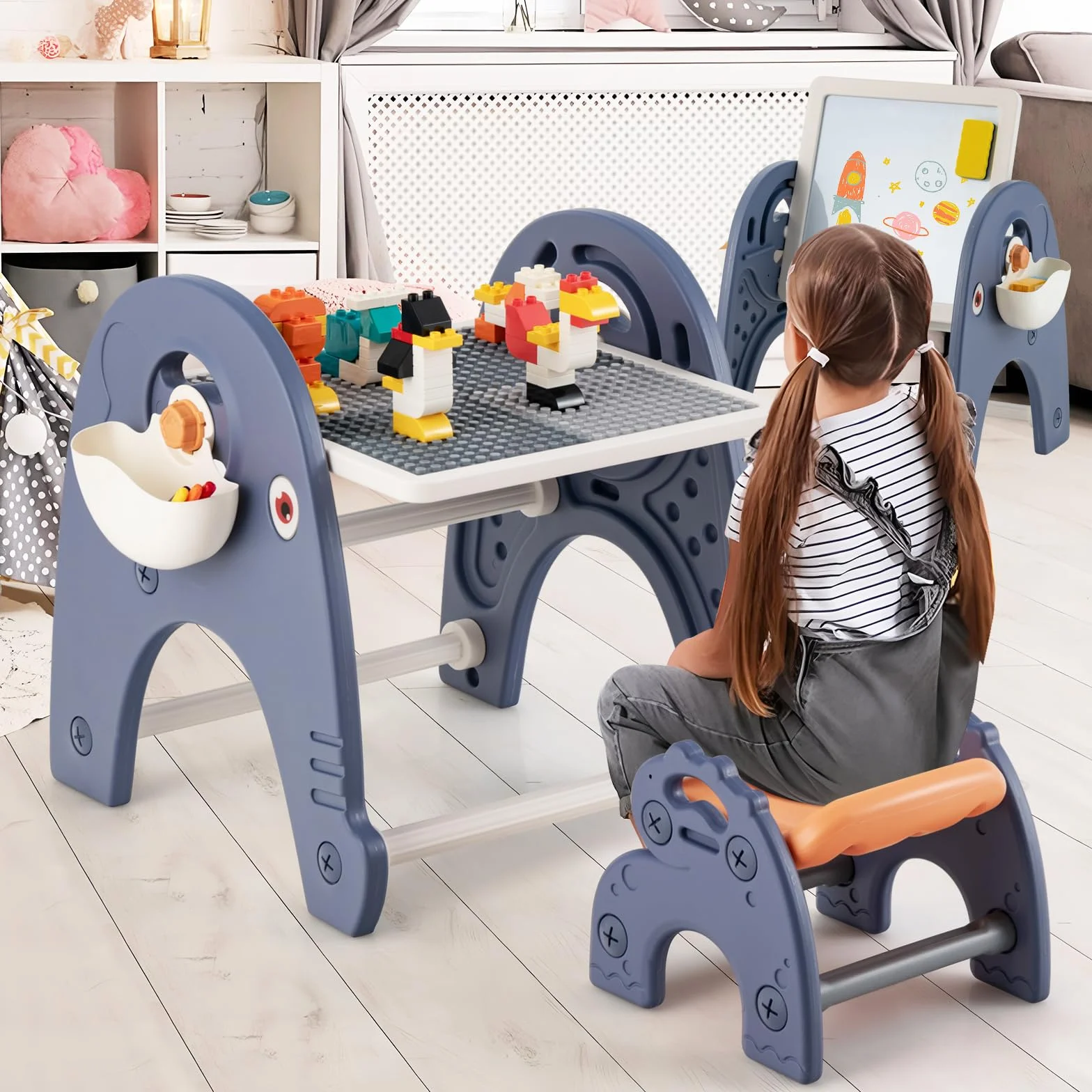 RELAX4LIFE Set di Cavalletto per Bambini con Sgabello, a Doppia Faccia con Lavagna Magnetica, Tavolo da Costruzione, Set Cavalletto per Bambini con Sgabello e Scatole Laterali