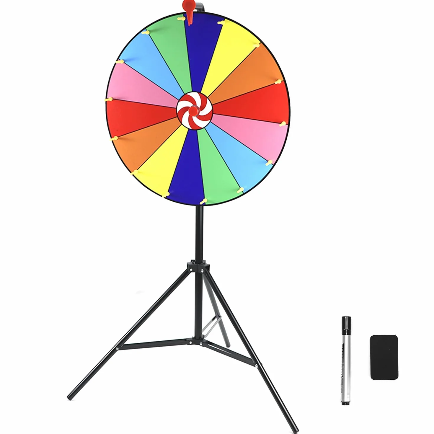 QWORK® Ruota della Fortuna 50CM, 14 Slot Multicolore e Clicker, Treppiedi Regolabile 90-150CM - Giochi per Eventi, Feste e Carnevali