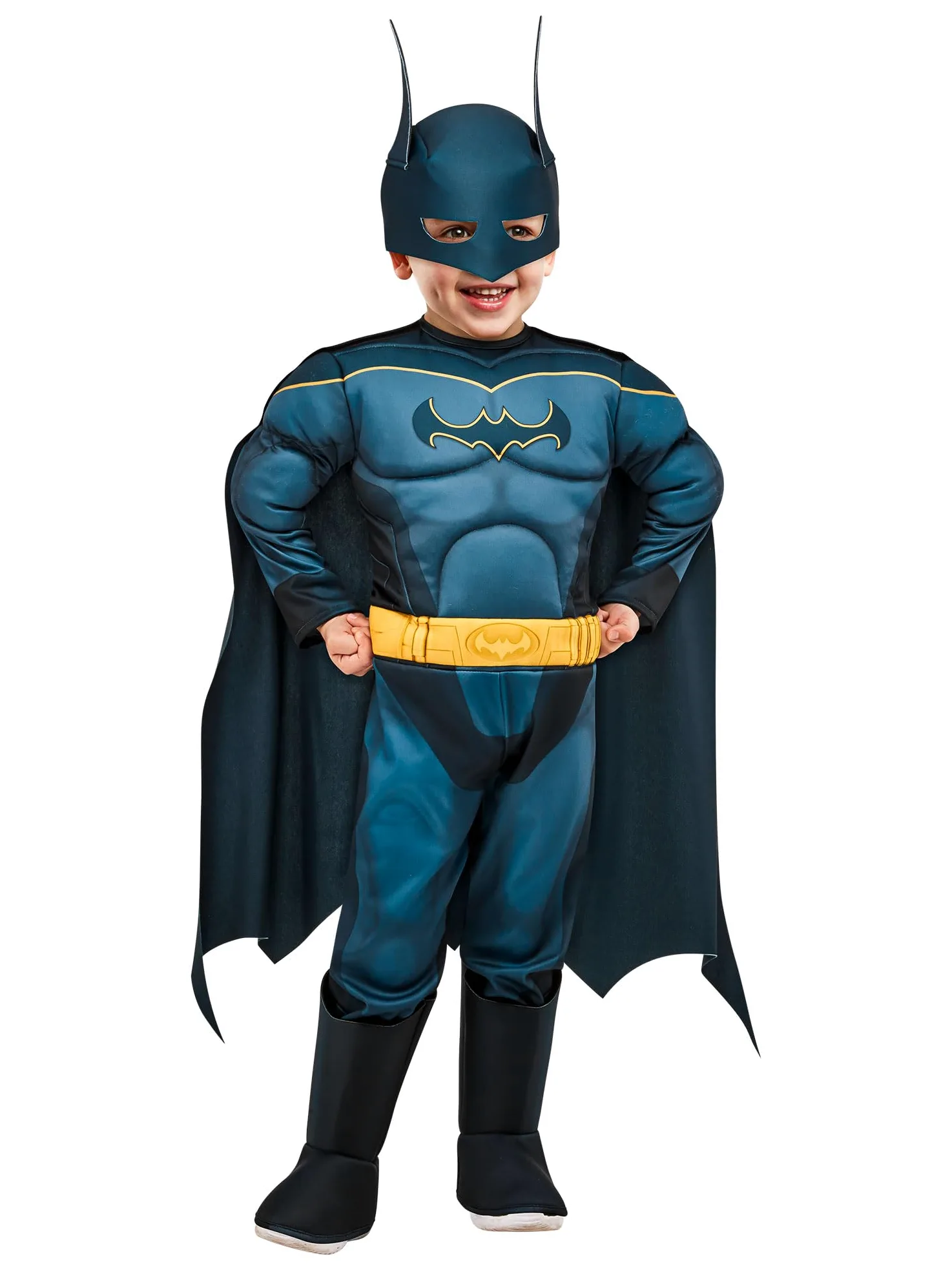 Rubies Costume Batman DCP prescolare per bambini a 4-5 anni, tuta con petto muscoloso, cintura stampata e copristivali. Ufficiale Warner per Carnevale, Natale, Halloween, Feste e Compleanni