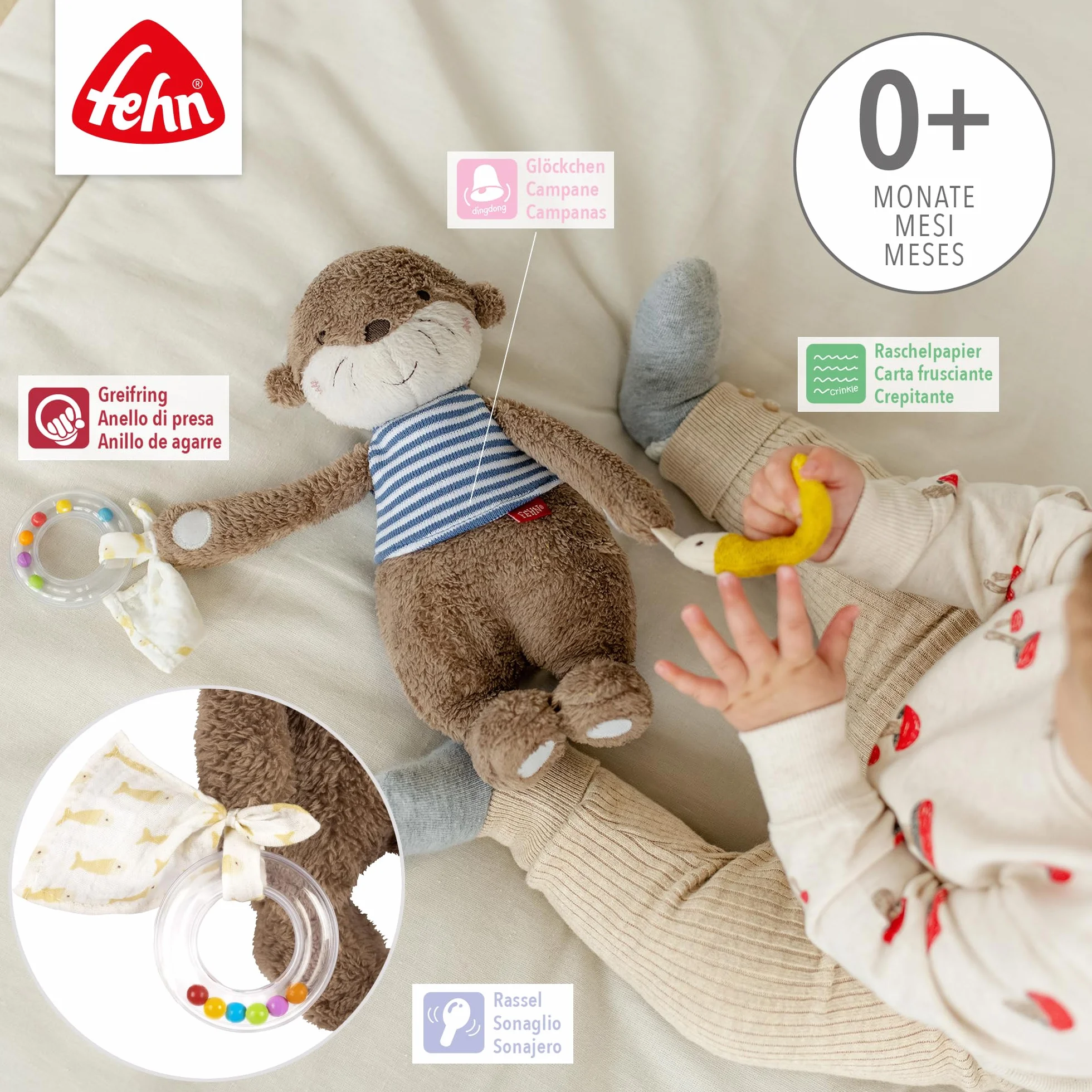 Fehn Activity-Otter – Motorikspielzeug zum Aufhängen mit spannenden Anhängern zum Greifen und Geräusche erzeugen für Babys und Kleinkinder ab 0+ Monaten