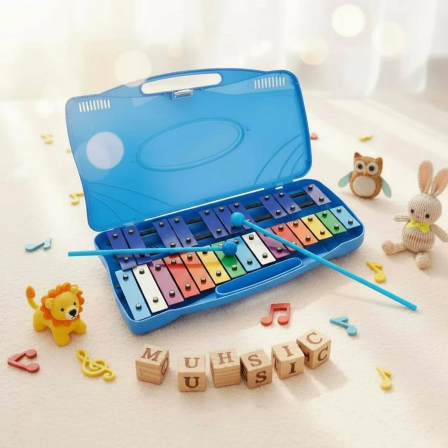Xilofono Bambini Kit Musicale 25 Note Metallofono Strumento per Apprendimento con Custodia a Trasporto Bacchette E Canzoni Barre Alluminio Base Adatto, Blu