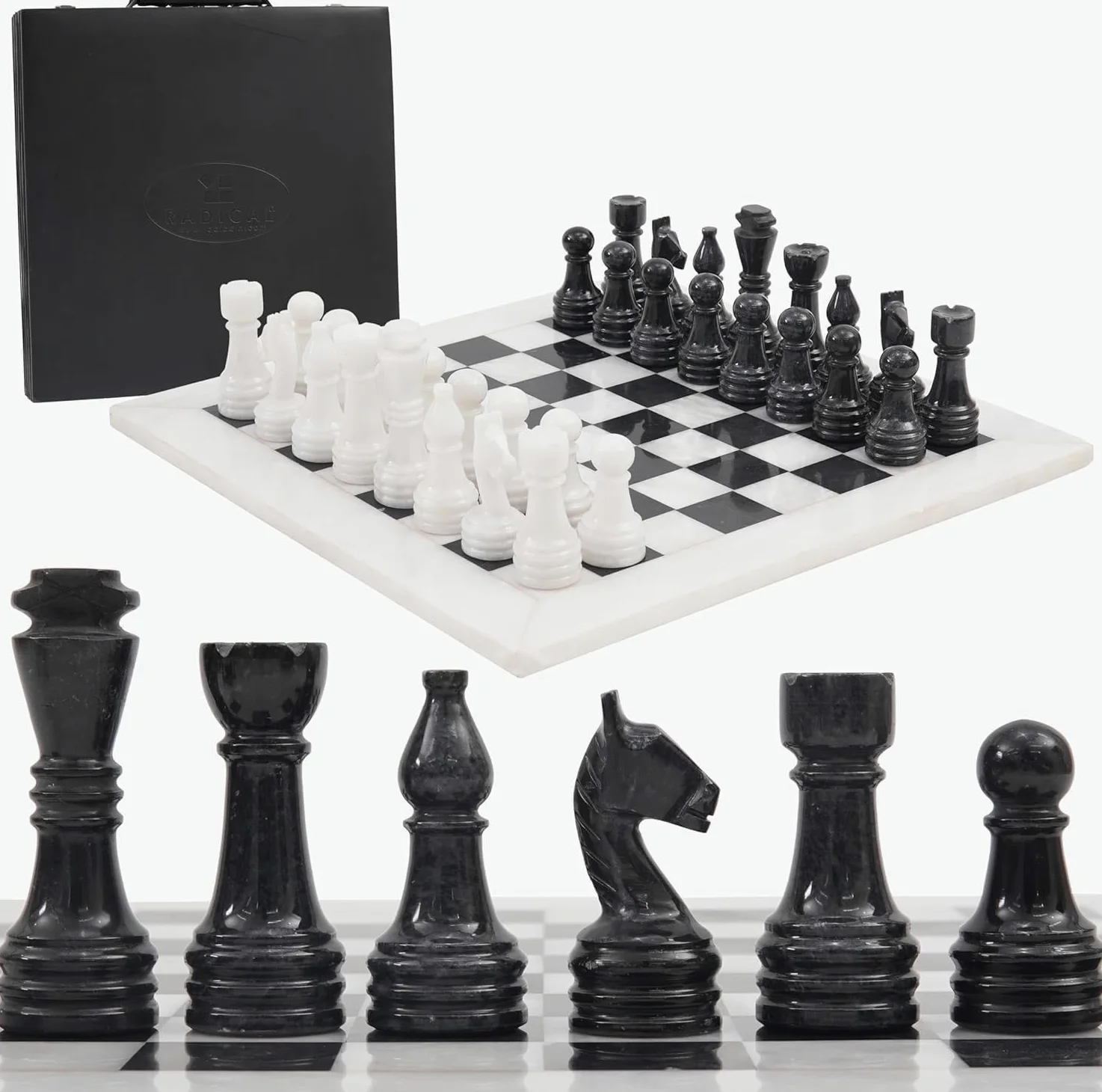 Radicaln Set di scacchi in marmo con scatola portaoggetti, 38 cm, bianco e nero, fatto a mano, 1 scacchiera con 32 pezzi di scacchi, gioco di scacchi per giochi da tavolo per 2 giocatori per adulti