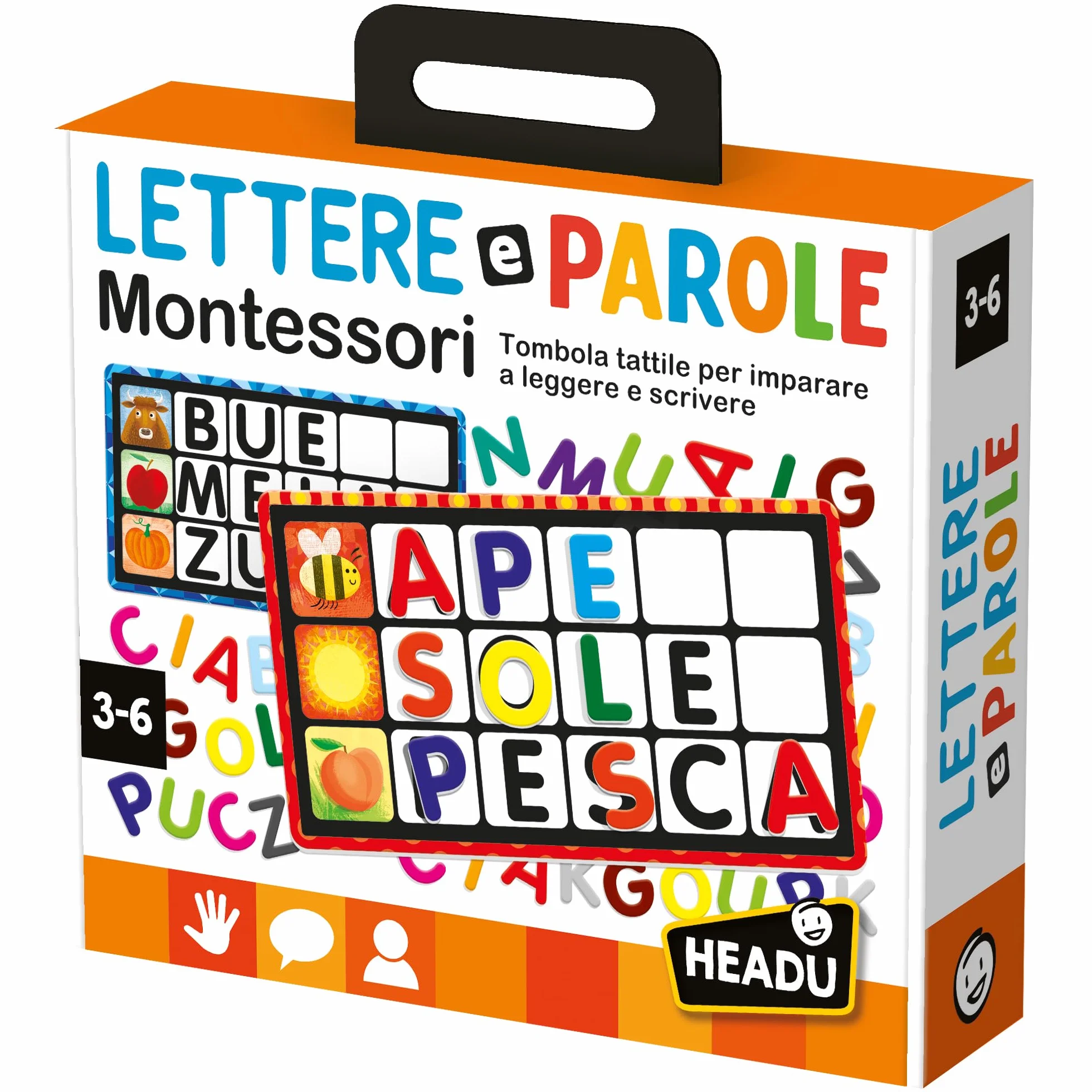 HEADU - Lettere E Parole Montessori - Tombola Tattile Per Imparare A Leggere E Scrivere | Gioco Educativo Per Bambini 3-6 Anni, Pesca le Lettere e Forma le Parole, Metodo Montessori, Made In Italy