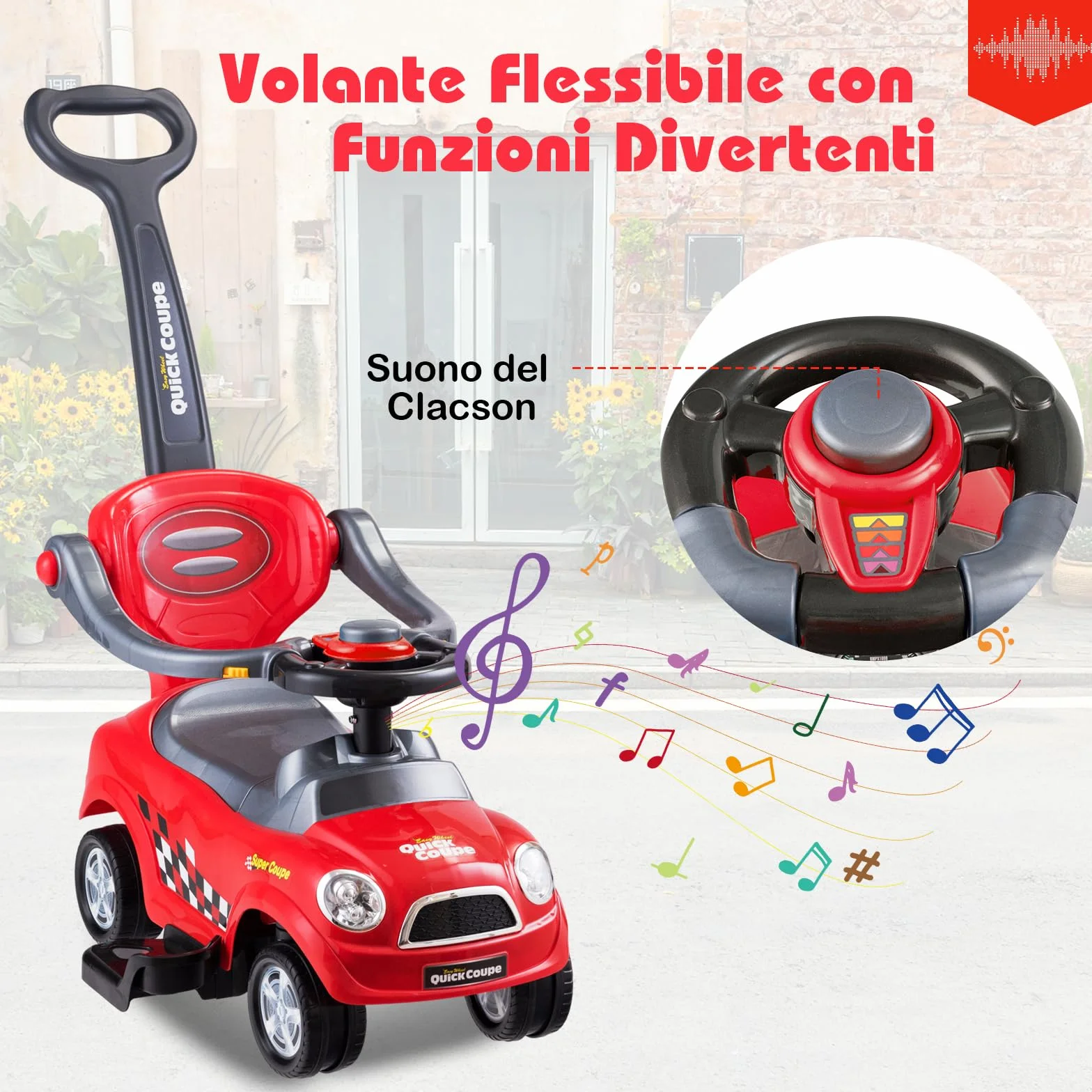COSTWAY Macchina Cavalcabile a Spinta 3 in 1 per Bambini, con Guardrail Staccabili e Clacson, Design Anti-ribaltamento, Rosso