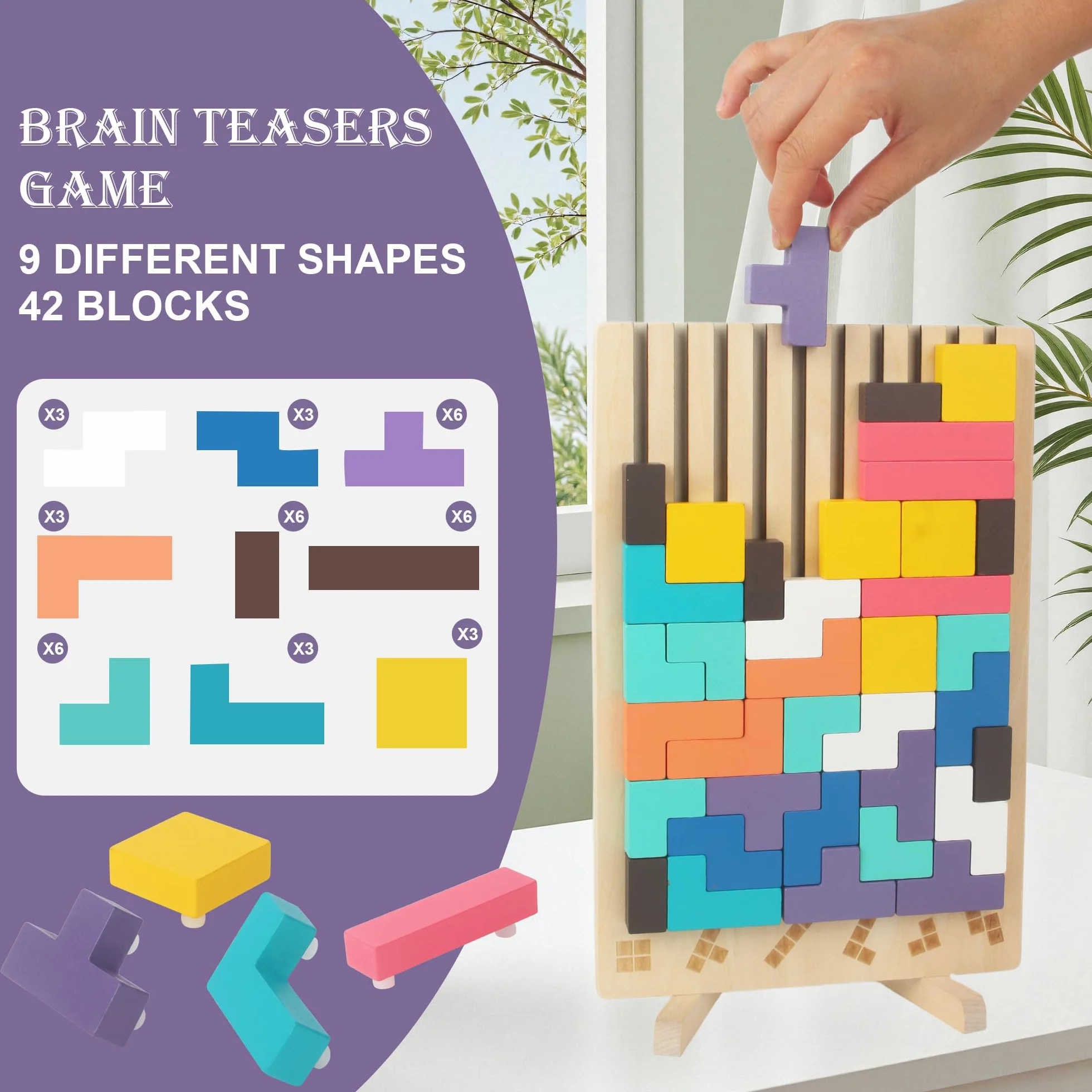 Gioco Impilabile in Legno Tetris, Giocattoli Educativi, con 10 Carte, Intelligenza Jigsaw, Puzzle Bambini 3 4 5 6 Anni, Colorato Blocchi Geometrici Tetris, Regalo Educativi