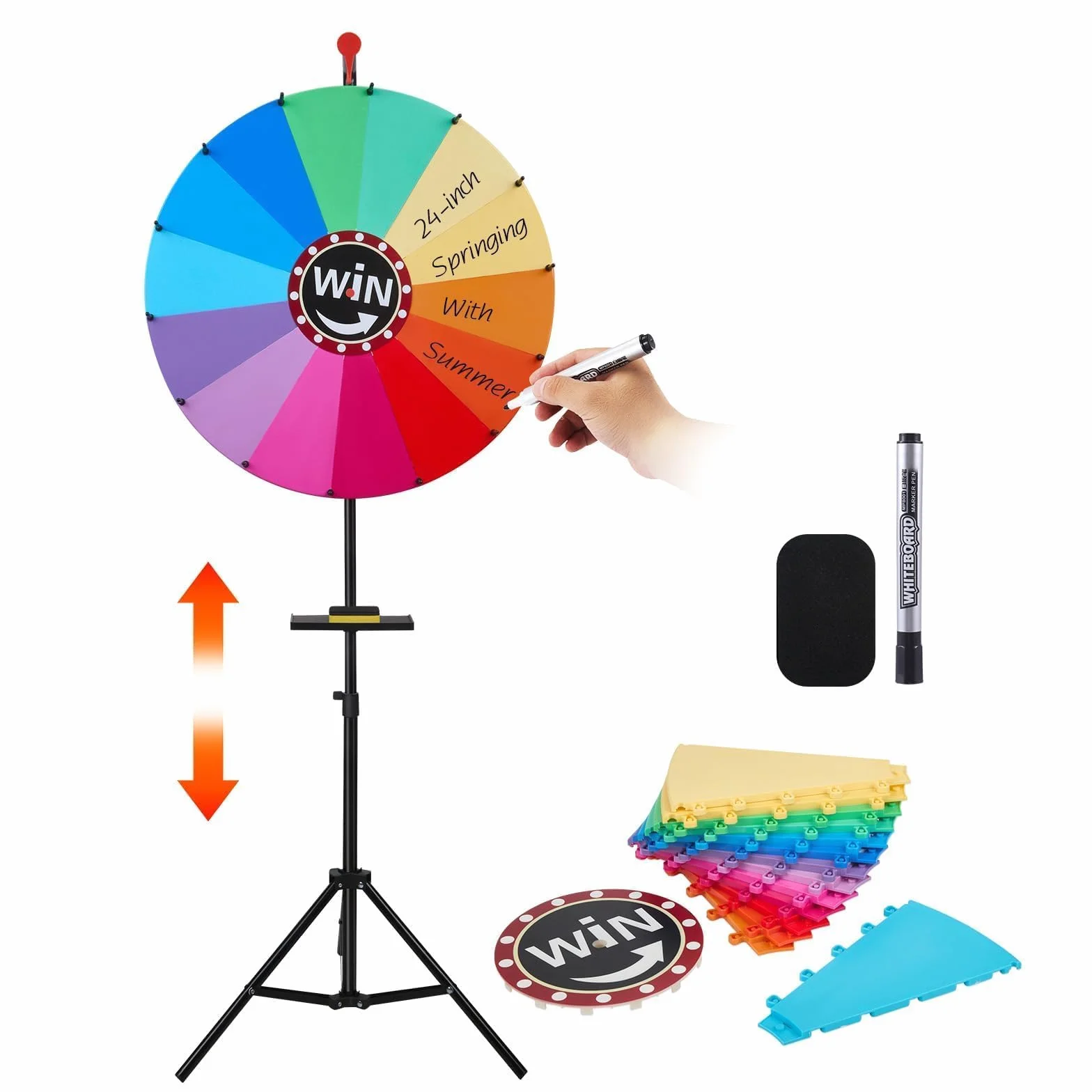 Ruota portafortuna 60 cm con portapenne, ruota della fortuna regolabile in altezza, per giochi della lotteria, giochi di parole, diametro 60 cm