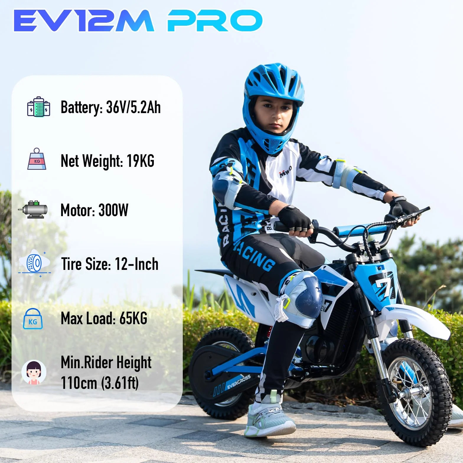 EVERCROSS EV12M PRO Motocicletta Elettrica, Moto Elettrica con Motore da 300W, 3 Modalità di Velocità, Pneumatico da 12'', Musica Bluetooth, Luci Colorate, Moto Cross per Bambini da 110cm di altezza