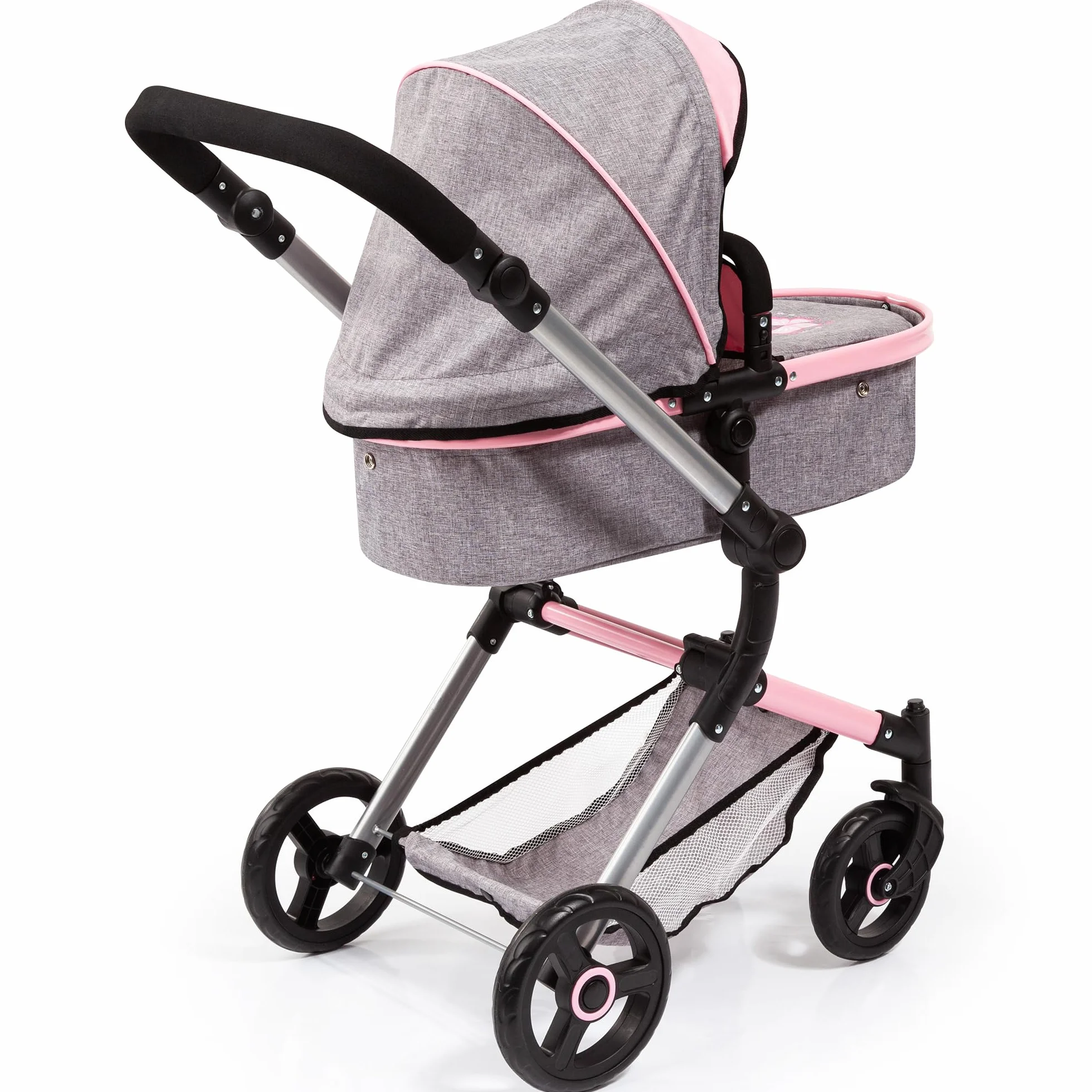 Bayer Design- Passeggino Neo Vario, Carrozzina per Bambole, Regolabile in Altezza, con Cesto e Borsa fasciatoio, Colore Grigio, Rosa, Farfalla, 18433AA