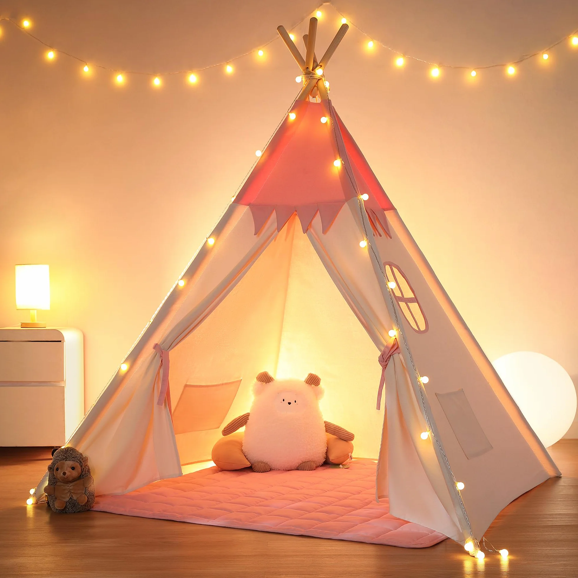 besrey Tenda per Bambini da Gioco in Tela Indiana Teepee in Cotone con Tappetino Imbottito e Luci Fatate (Rosa e bianco)