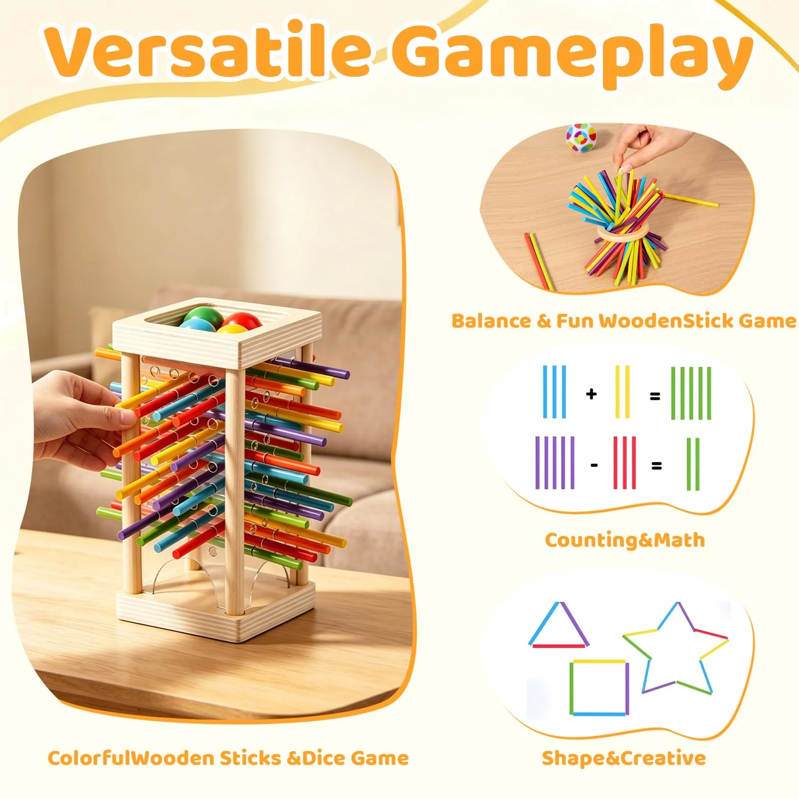 Giochi Montessori 3 4 5 6 Anni, Gioco Montessori 6 Anni in Legno con 30 Bastoncini Colorati e Dadi, Giochi per Bambini per Motricità Fine, Regalo Bambino Maschio e Femmina, Attività Familiare
