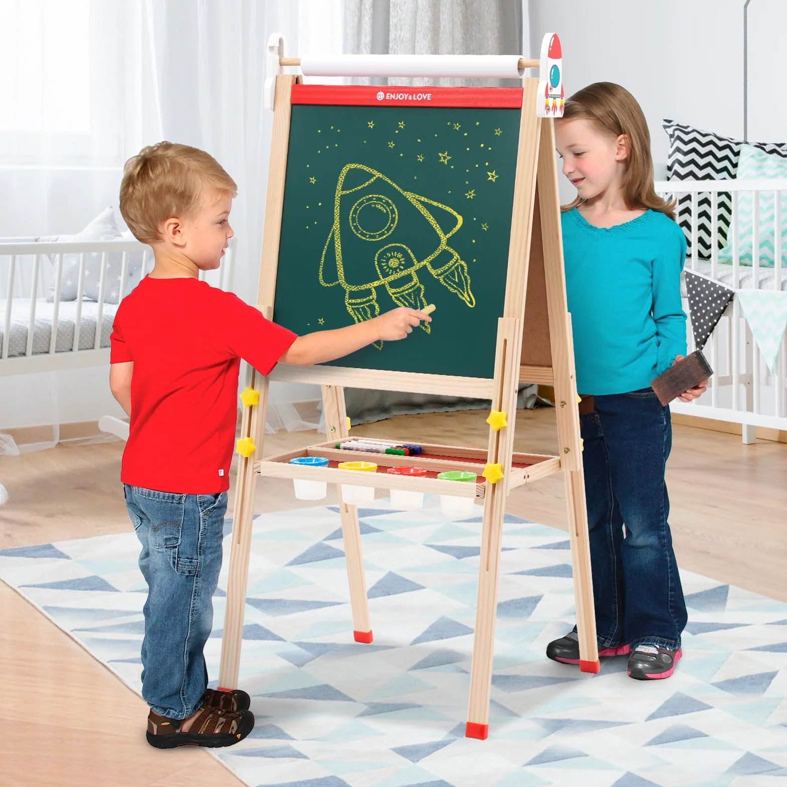 Cavalletto in Legno 2 in 1 per Bambini Lavagna Pieghevole Regolabile Altezza con Carta in Rotolo Colorabile 3-12 Anni