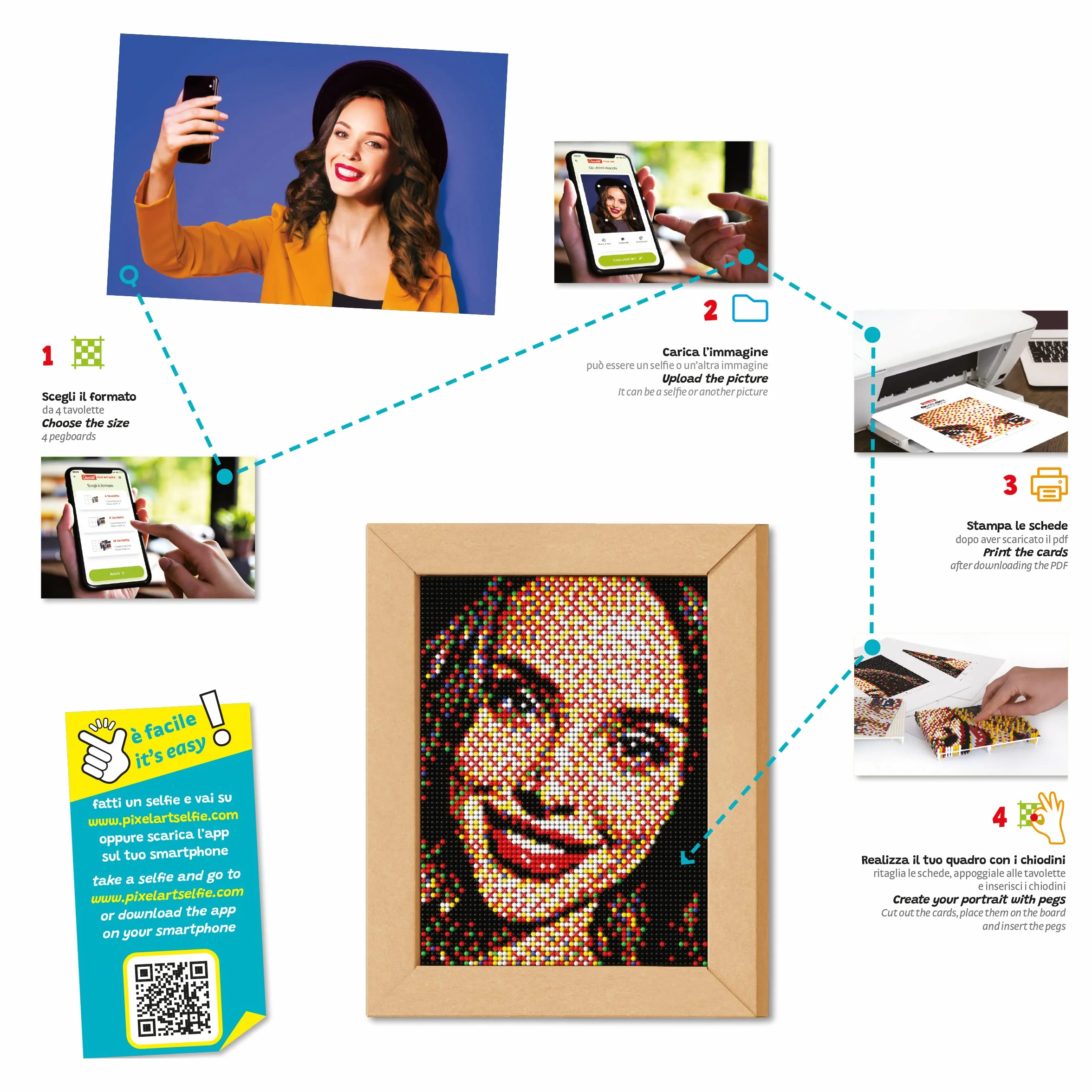 Quercetti Pixel Art 4 Take A Selfie, Crea un Mosaico con Chiodini per Bambini Personalizzato da una tua Foto, Giochi Creativi Bambina 10 Anni e Adulti, Regalo Bambina 10 Anni, 4 Tavolette 33x24,5 cm