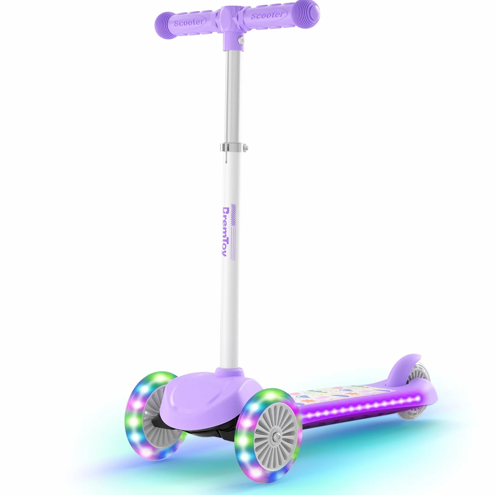 BremToy Monopattino Bambini 3 Anni, Monopattino per Bambini con Ponte Illuminato e Ruote in PU a LED, Altezza Regolabile su 4 Livelli, Frenata Reattiva, Leggero, per Principianti da 3 a 8 Anni