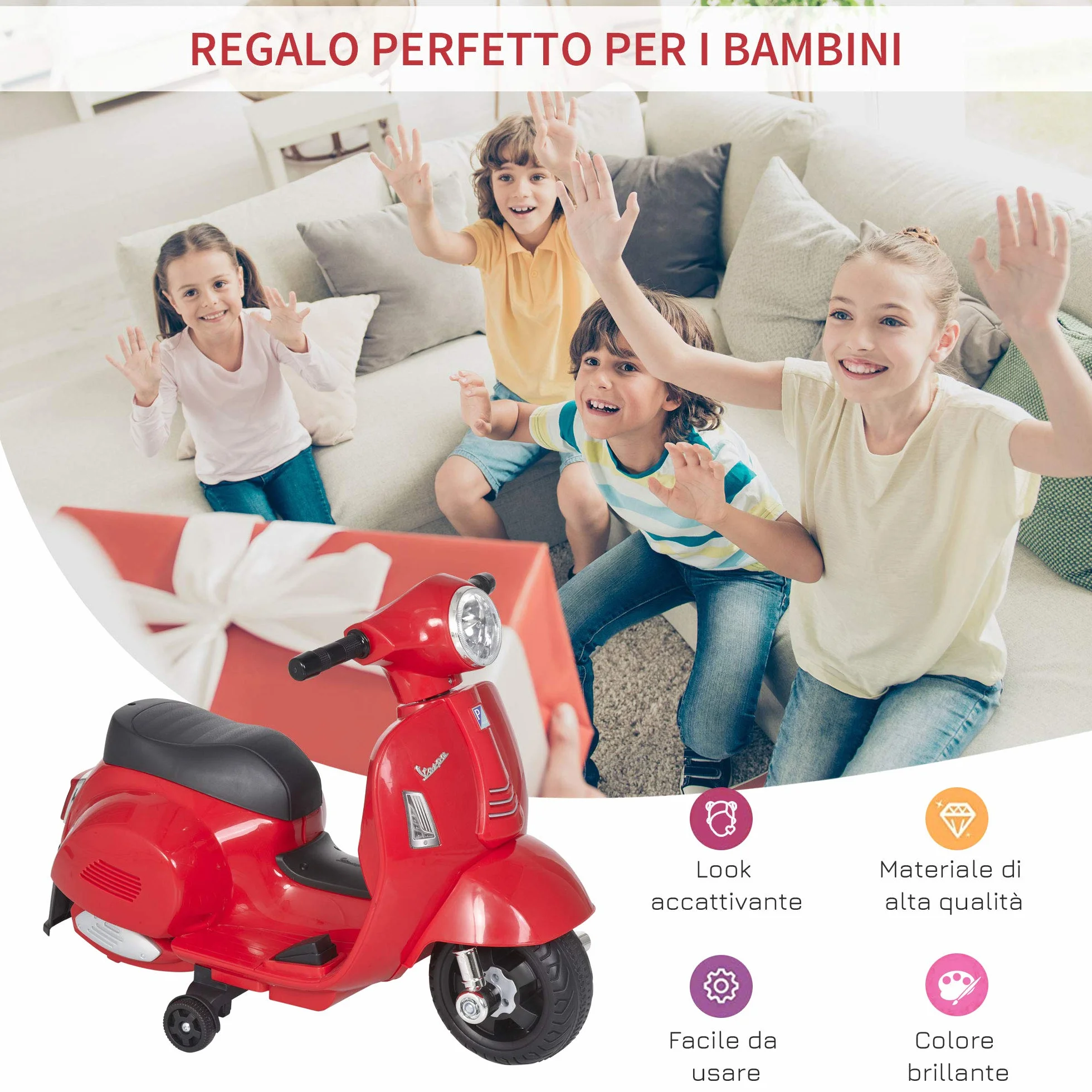 HOMCOM Moto Elettrica per Bambini 6V con Licenza Ufficiale Vespa Batteria, Motorino Elettrico per Bambini da 18-36 Mesi con Fari e Clacson, 66.5x38x52cm, Rosso