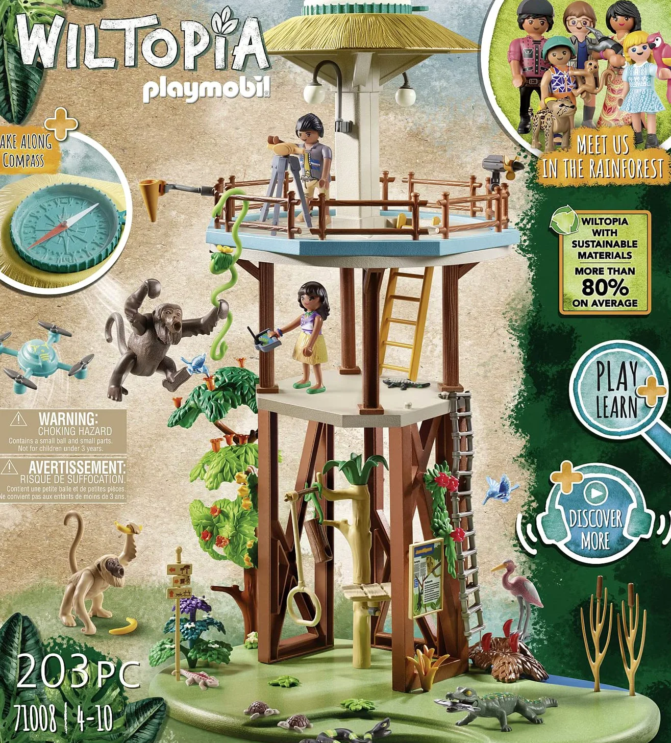 PLAYMOBIL Wiltopia 71008 Centro di osservazione Animali dell'Amazzonia, con Bussola e Animali Giocattolo, Giocattolo Sostenibile per Bambini dai 4 Anni in su