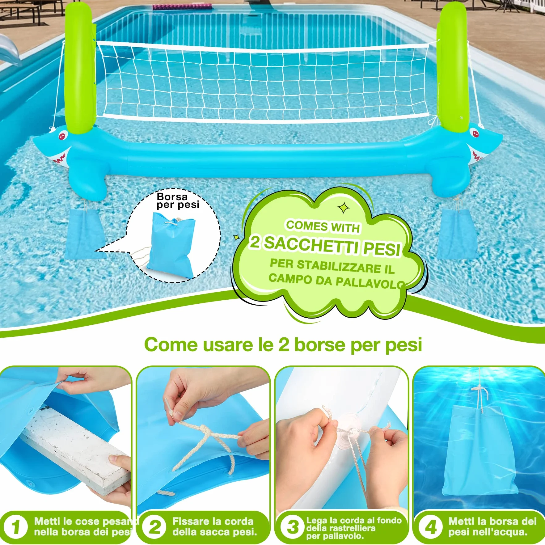 Volley Galleggiante Piscina Gonfiabile Include Rete da Pallavolo e Cerchi da Basket, Bambini Adulti (304 x 110 Centimetri)