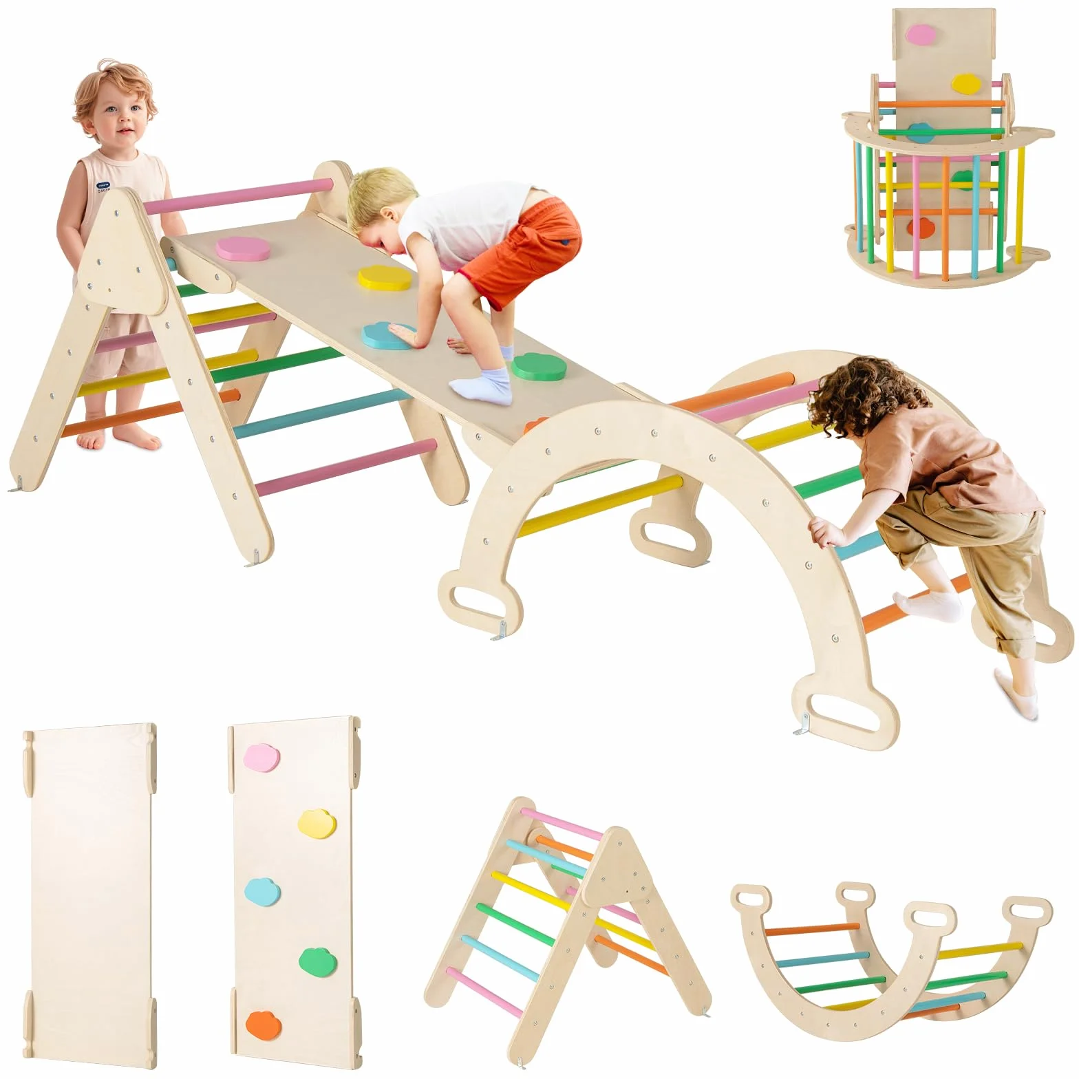 RELAX4LIFE 4 in 1 Triangolo da Arrampicata con Scivolo per Bambini, Arco da Arrampicata e Scala per Arrampicarsi in Legno, Montessori Giocattoli Bimbi 2 3 4 5 Anni (Colorato)