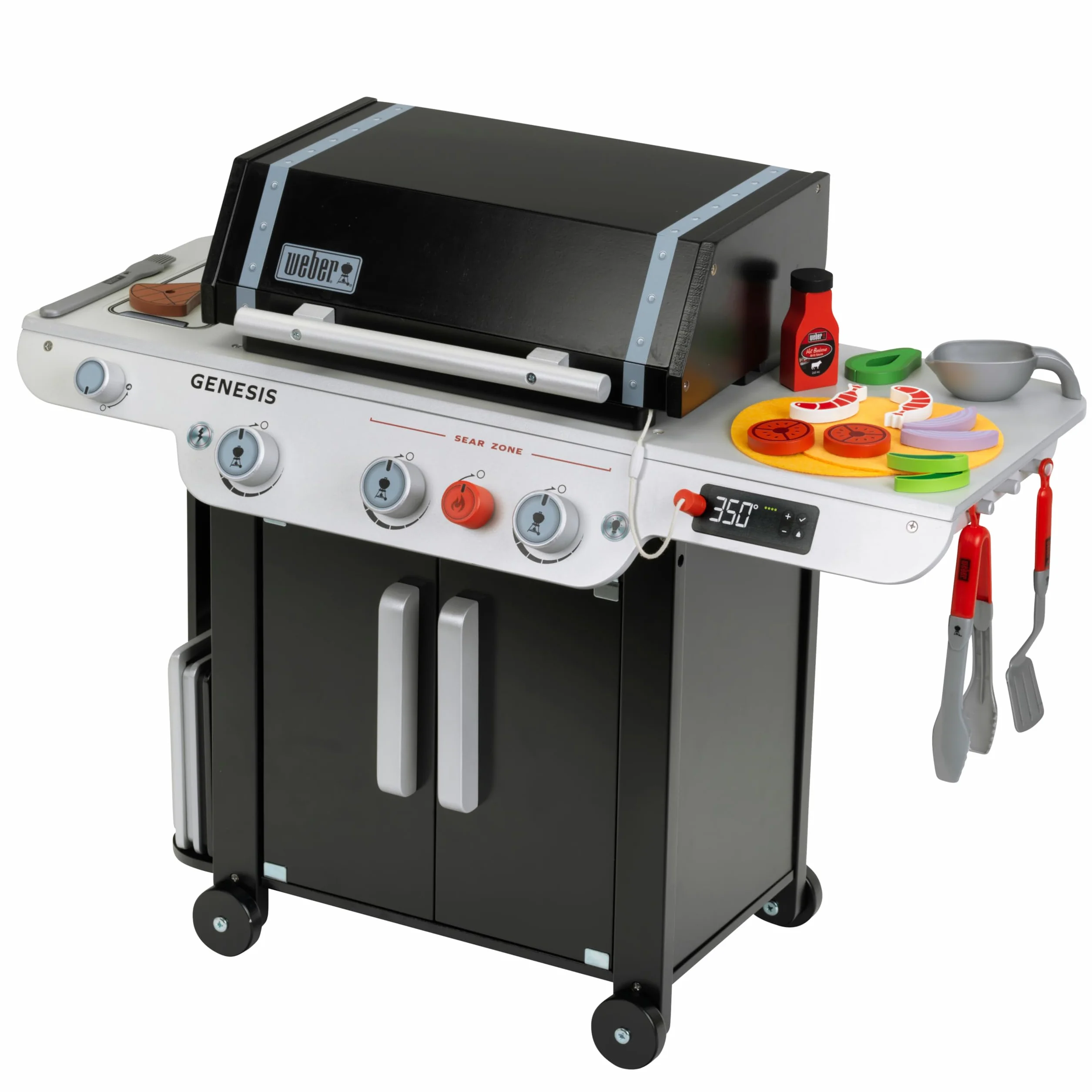 Theo Klein 9445 Weber Barbecue Genesis in legno I Inclusi inserti per bistecca, pizza o verdure I Con manici, utensili e posate da barbecue I Giocattolo per bambini dai 3 anni in su