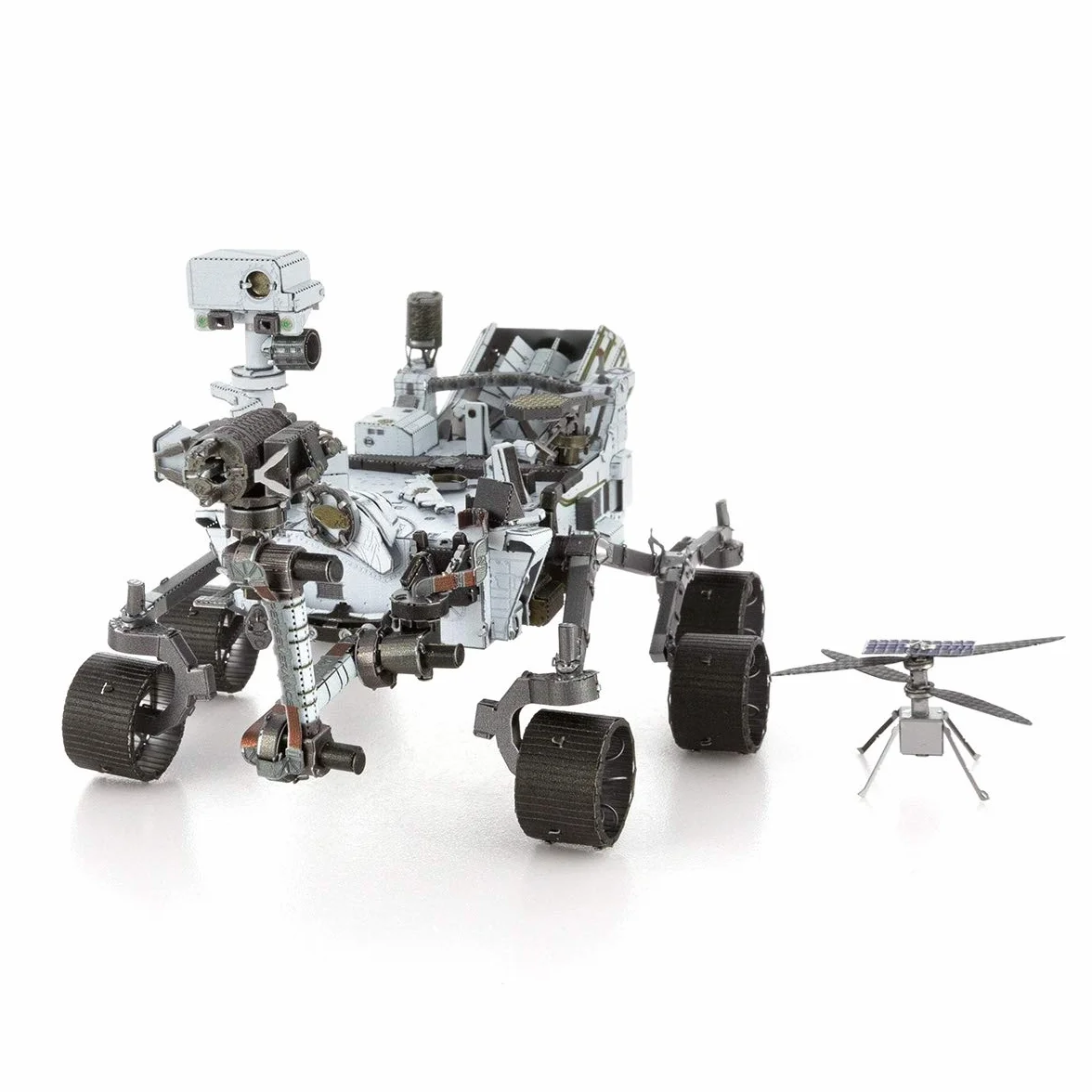 Metallo Earth Aviation: Mars Perrigorance & Ingenuity Helicopter, Rover: 9 x 12,5 x 7,5 cm & elicotteri: 3,3 x 2,6 x 2 cm, modellino 3D in metallo con 4,5 fogli, su scheda 12 x 17 cm, 14+.