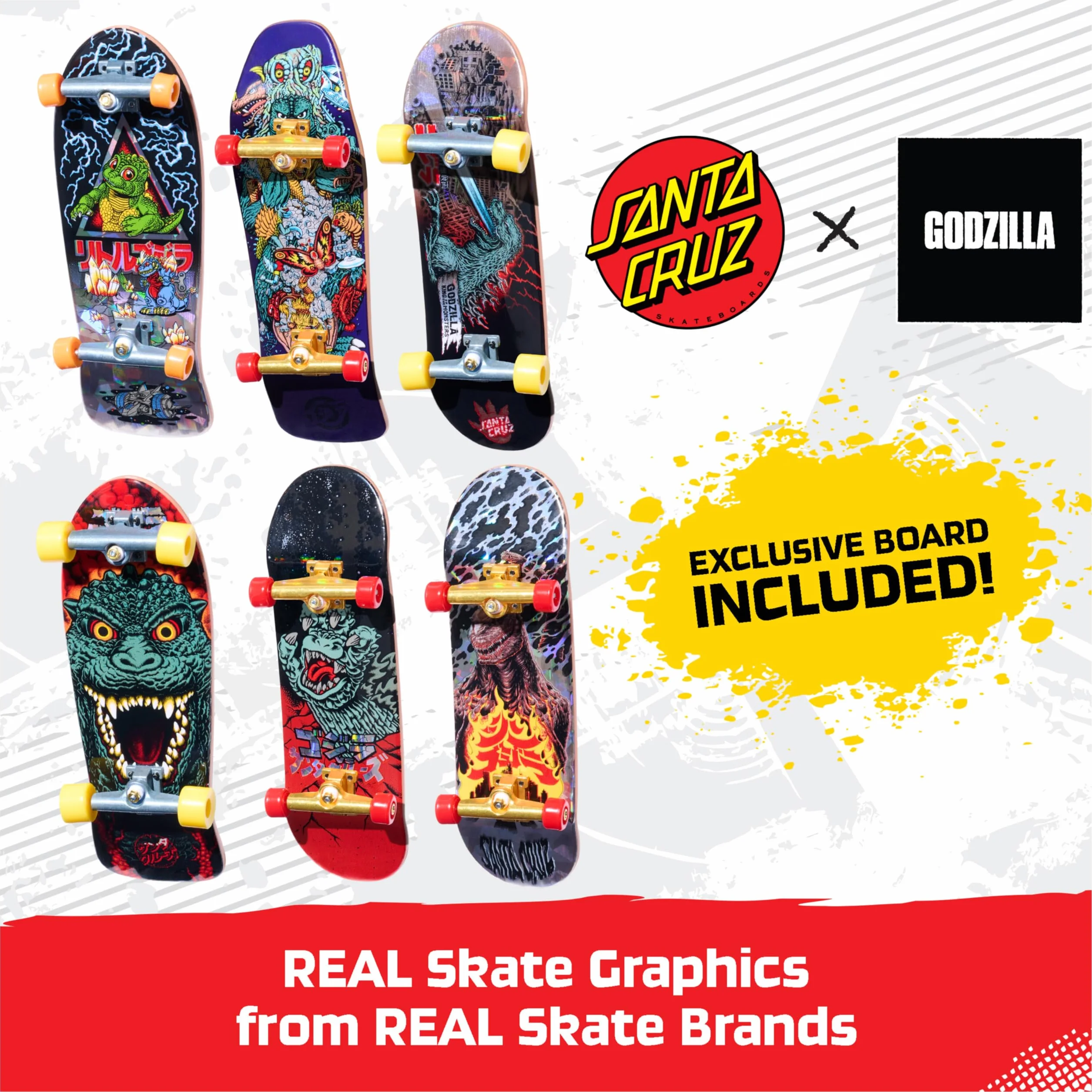 Tech Deck, Godzilla Sk8shop Fingerboard Bonus Pack, Mini Skateboard da Collezione Personalizzabili, Giocattoli per Bambini da 6 Anni in su