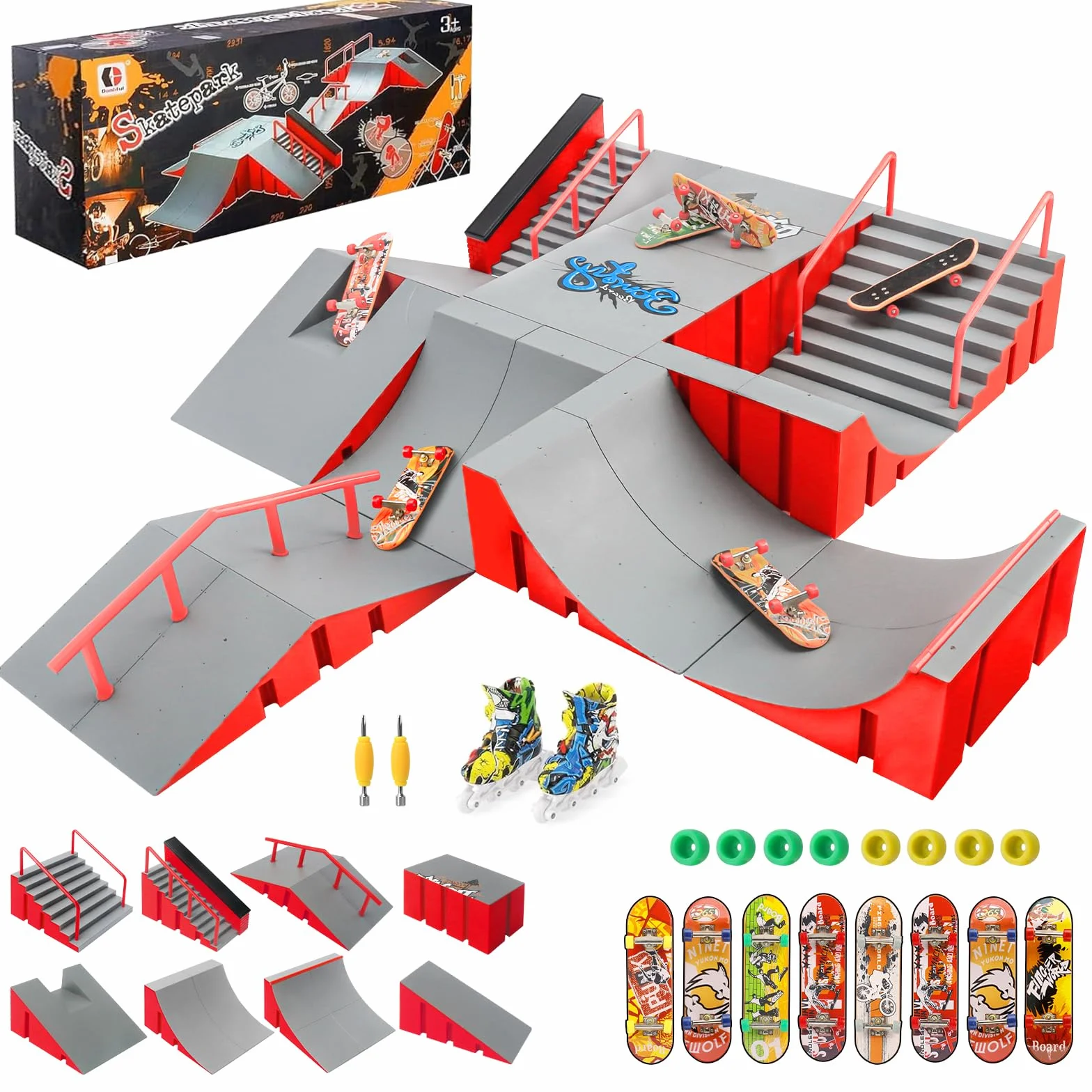 Tlater Finger Skateboard Park Kits, 14 in 1 Bigger Finger Skateboard Ramp Set fai da te Fingerboard Skatepark per bambini, regalo di compleanno (rosso)