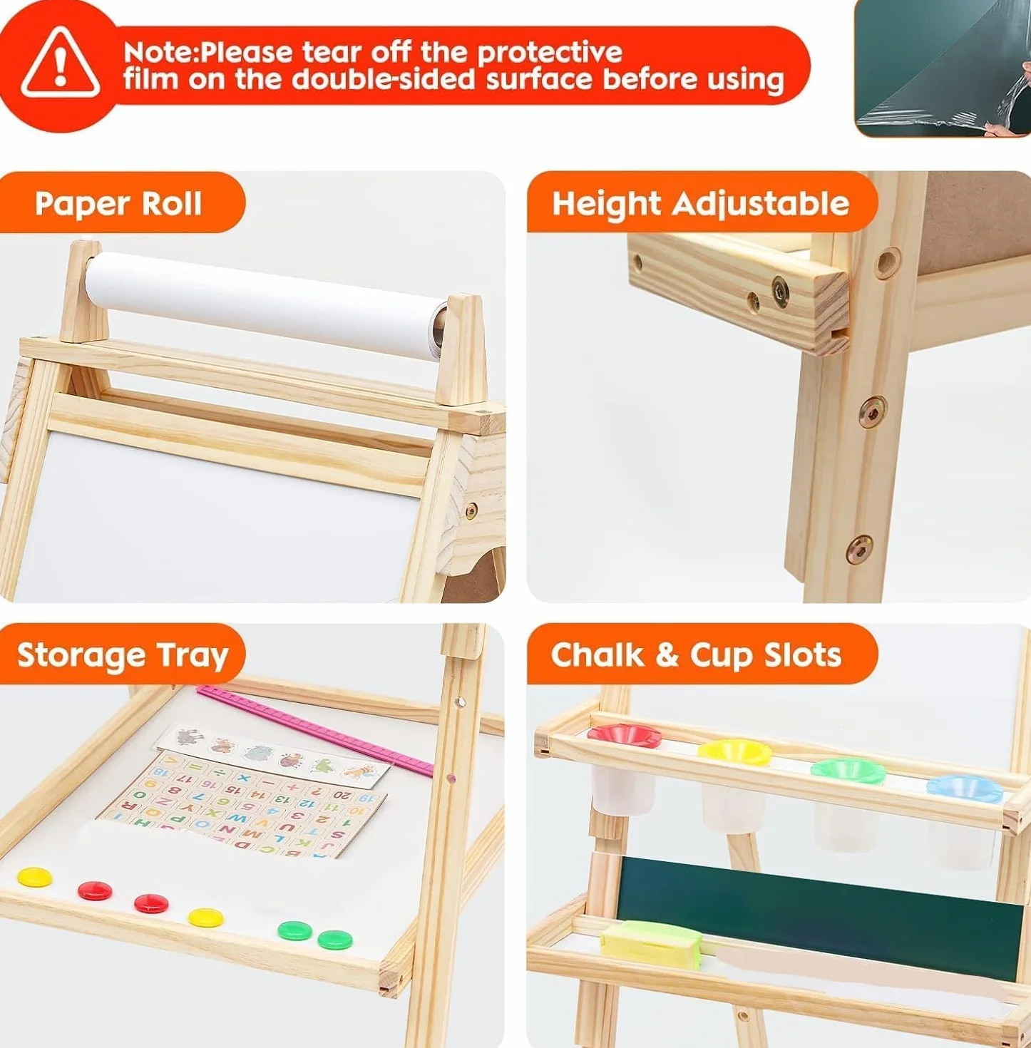 Lavagna in Legno per Bambini, Altezza Regolabile Cavalletto per Bambini con Rotolo di Carta, Lavagna Bianca su Due Lati, con Numeri e Altri Accessori per 3 + Anni Regalo