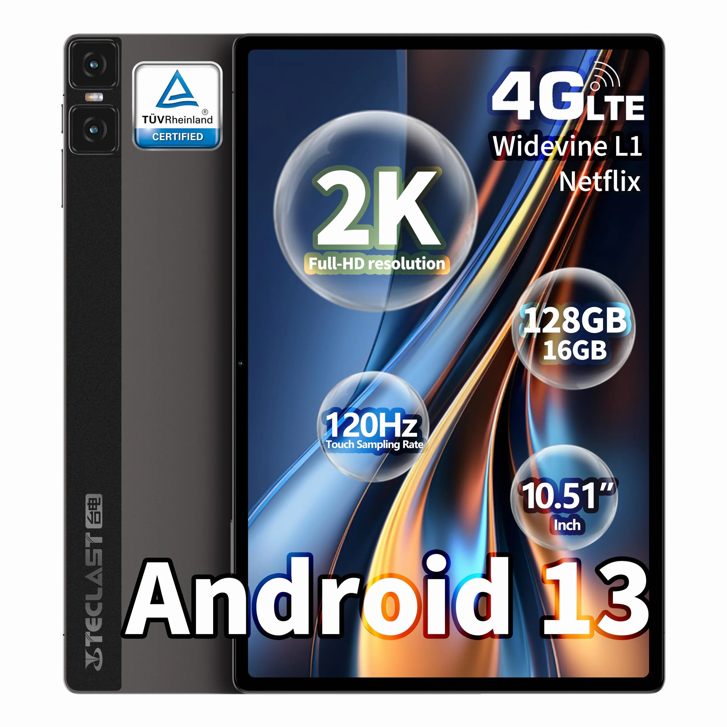 TECLAST T45HD 2K Tablet 10,5 Pollici 16GB+128GB ROM/4TB TF, 4G LTE Dual SIM+5G WiFi, 2GHz T606 Octa-Core, Android 13/8+13MP/7200mAh/GMS/GPS/TUV/3.5mm Jack/Widevine L1-2024