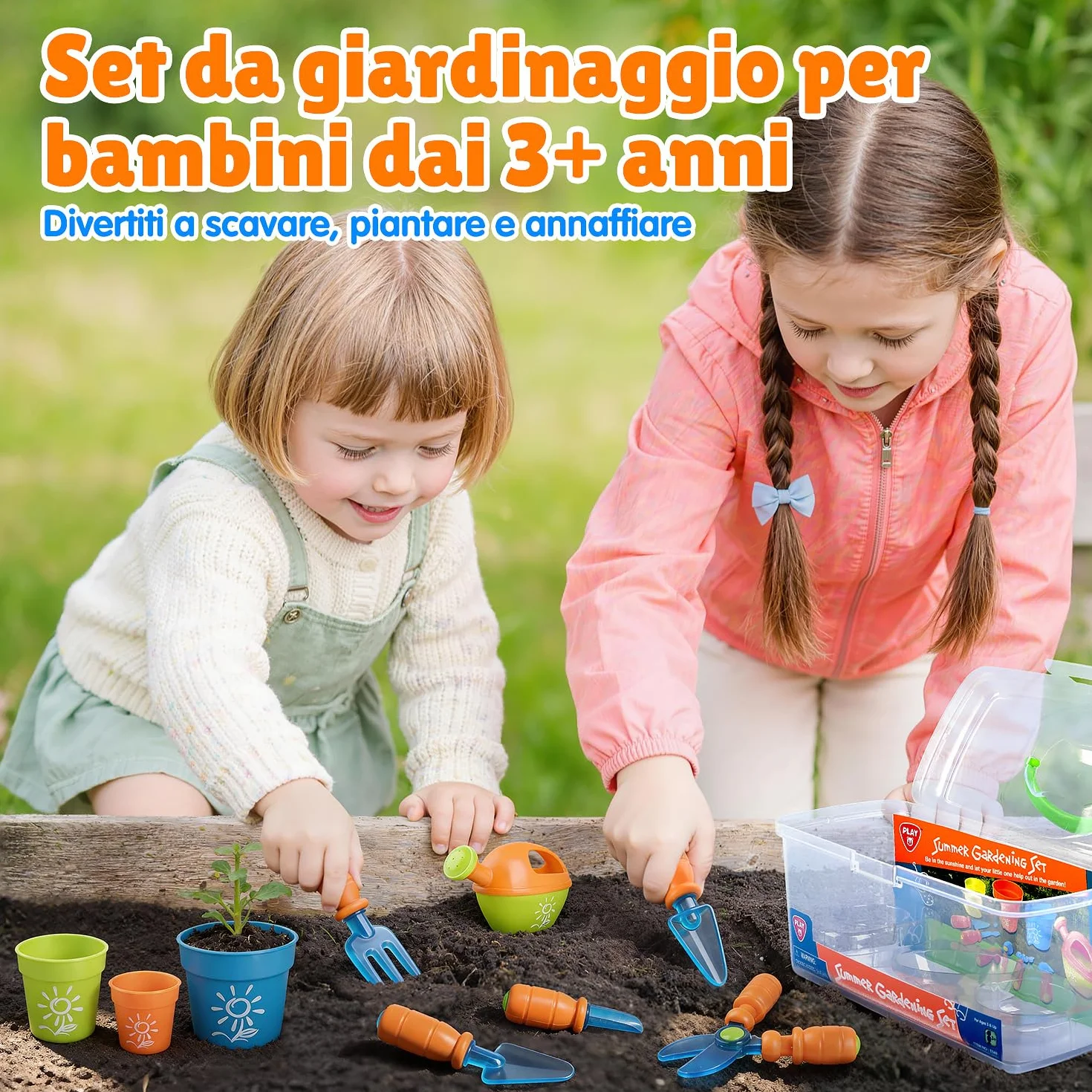PLAY Set Attrezzi Giardino per Bambini, Utensili Giardino con Pala, Forchetta, Forbici, Vaso, Annaffiatoio, Targhetta e Contenitore, Kit Giardino per Bambini dai 3 Anni in su