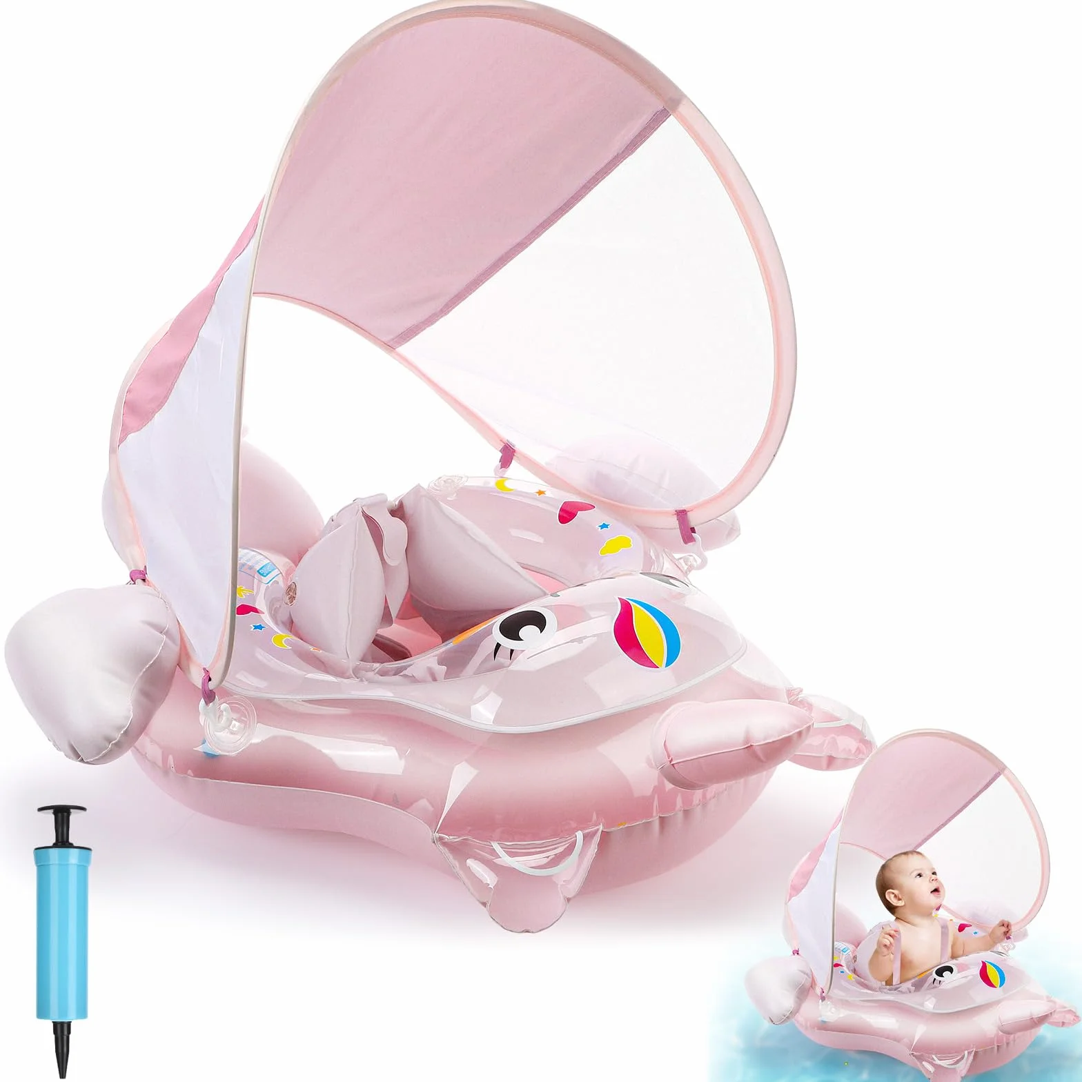 Salvagente Neonato, Salvagente Neonato con Parasole Salvagente Gonfiabile per Bambini con Seggiolino di Sicurezza Regolabile Doppio Airbag Anello Salvagente con Pompa per Bambini 8-24 mesi