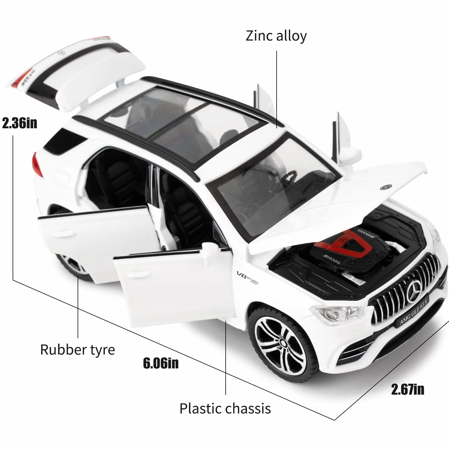TGRCM-CZ Scala 1:32 compatibile con Benz AMG GLE 63S SUV giocattolo auto, in lega pressofusa, modello di auto con luci e suoni, per bambini, ragazzi e ragazze, regalo (bianco)