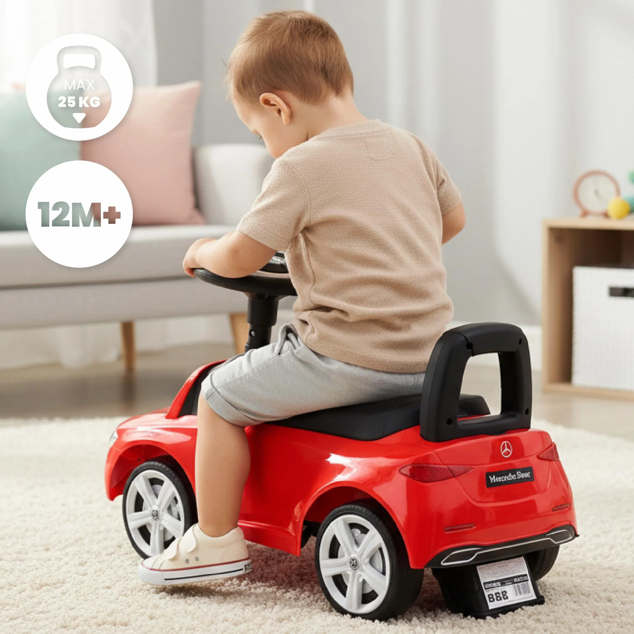 Sun Baby Macchinina Cavalcabile per Bambini 12 Mesi, Macchina a Spinta, Volante Audio, Sedile Schienale, Antiribaltamento Rosso