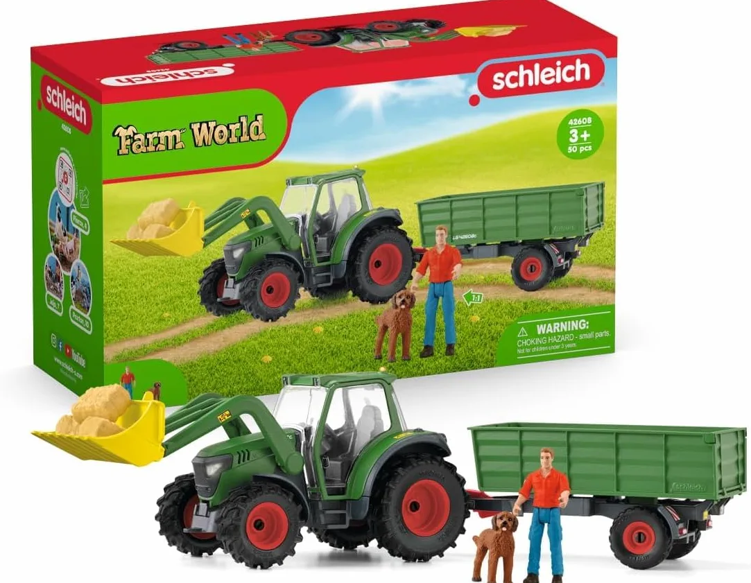 Schleich FARM WORLD | Trattore con rimorchio 42608 | 8 pezzi | Set da gioco dai 3 anni | set con personaggi, numerose funzioni e tanti accessori | figura animali della fattoria schleich