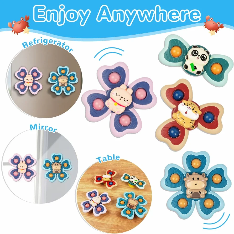 Vicloon Giocattolo a Ventosa per Bambini, 4pcs Giocattoli Sensoriali per Vasca da Bagno, Animali Colorati Spinning Top per Il Bagnetto per Bambini, Sollievo dall'Ansia Regali (Animale)