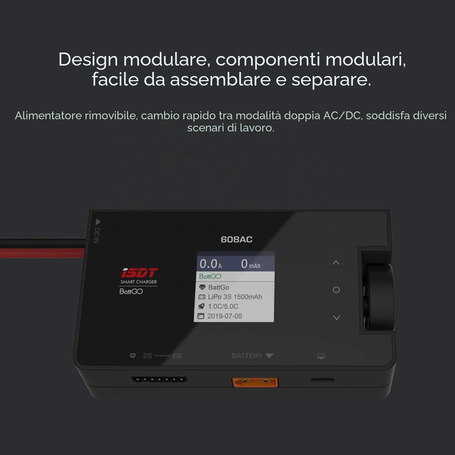 ISDT Caricatore Lipo da 608 AC, 50 W/200 W DC, Dual Mode RC, Alimentatore Rimovibile, Caricatore Intelligente per LiPo, LiHv 1-6S/Pb 1-12S/NiMH 1-16S, Funzione Scarica