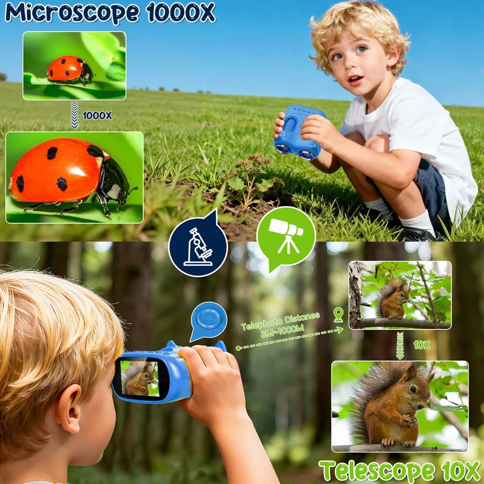 2 in 1 Microscopio Bambini e Telescopio, Temodu Microscopio Digitale da 2.0‘’, Elettronico Portatile Telescopio 10X con 8 luci LED, può essere utilizzato come regalo di compleanno o di Natale (Blue)