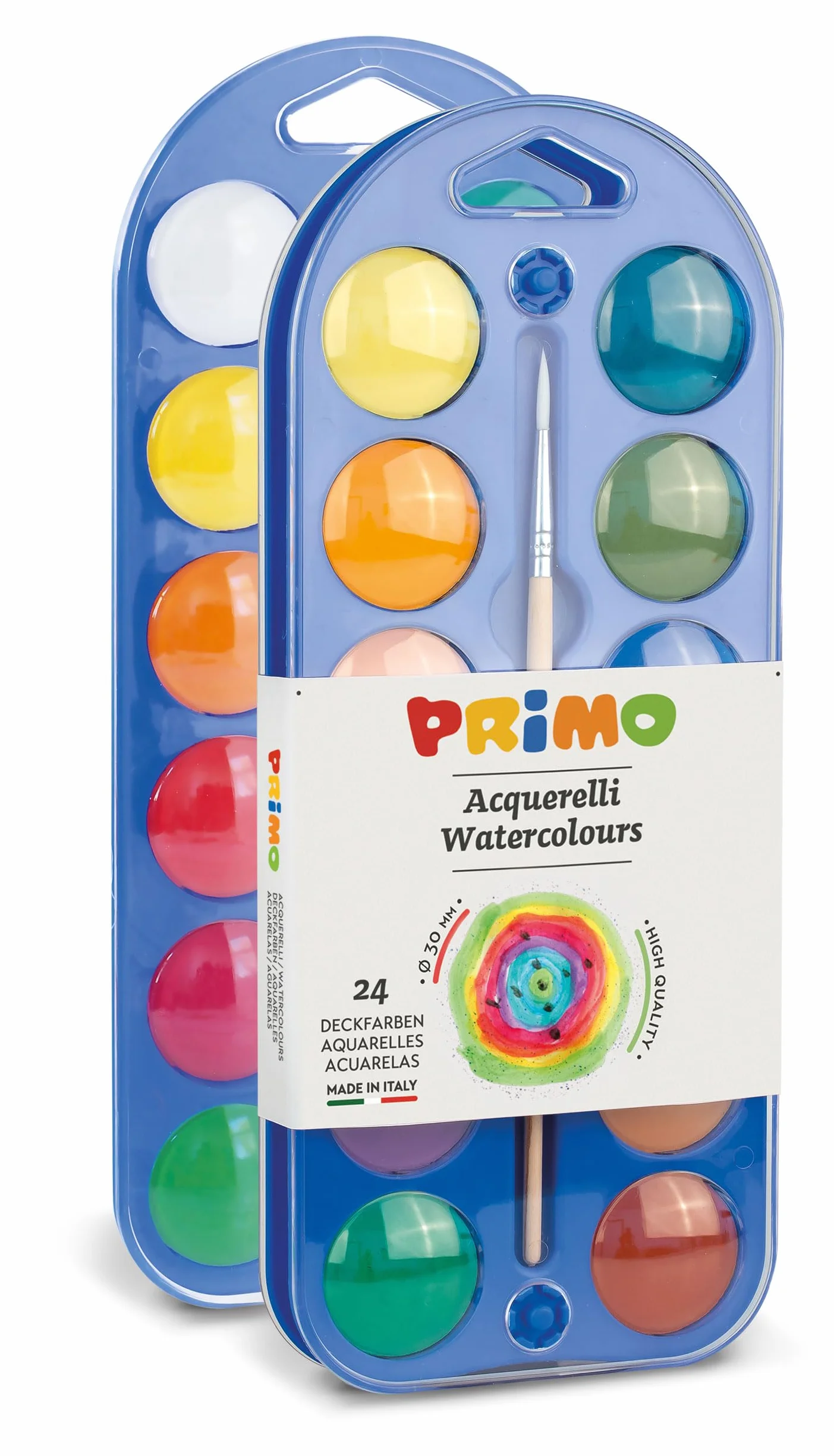 PRIMO - Acquerelli per Bambini Artisti con 24 Colori Ø30 mm + 1 Pennello Acquerello per Dipingere, Kit Tavolozza per Dipingere Pittura, Colori per Bambini +5 Anni Acquerellabili per Lavoretti Creativi