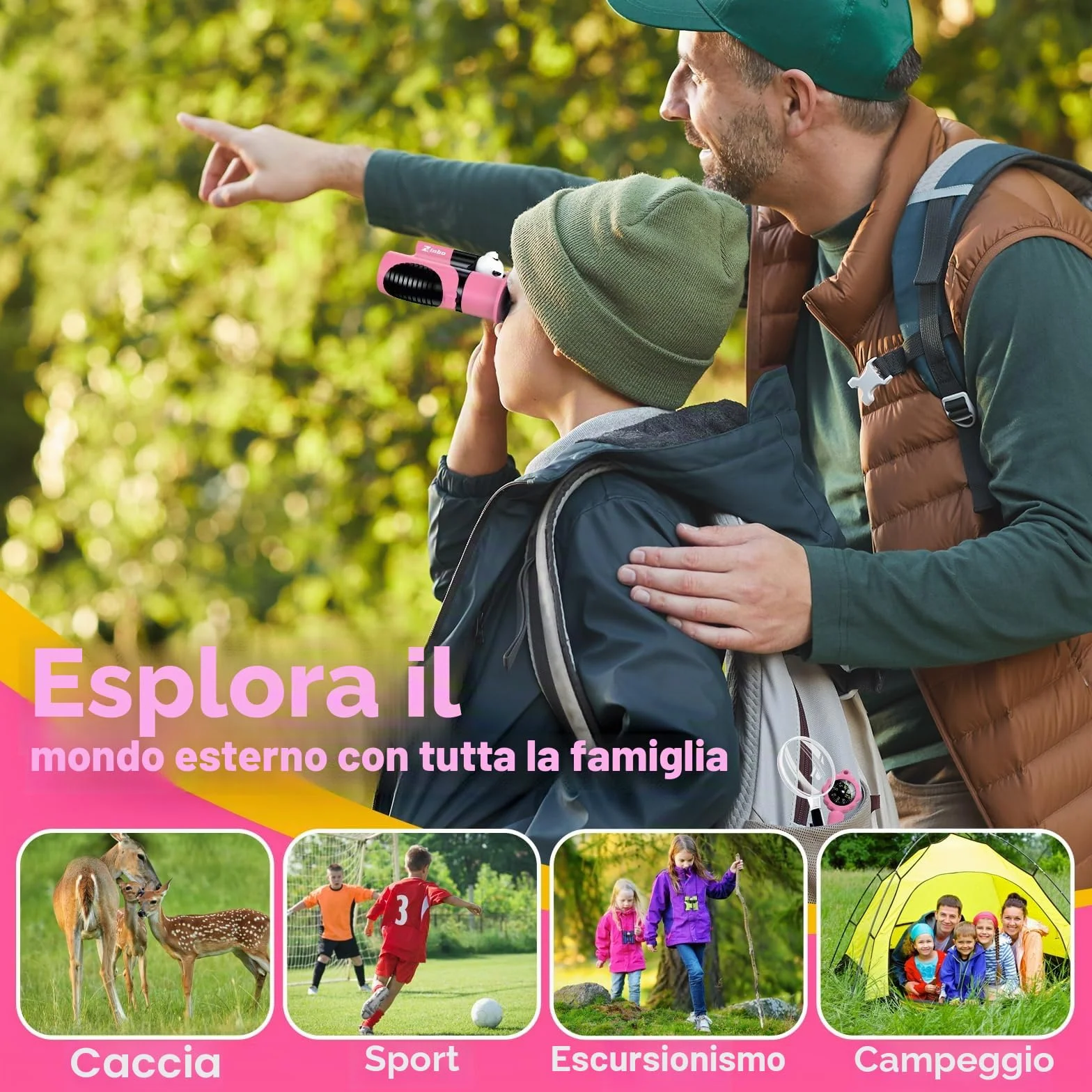 Binocolo Bambini 8x21 Ottica reale ad alta risoluzione, con lente d'ingrandimento e bussola fischietto, binocolo per bambini da 3 a 12 anni, ragazzi e ragazze, escursioni, viaggi