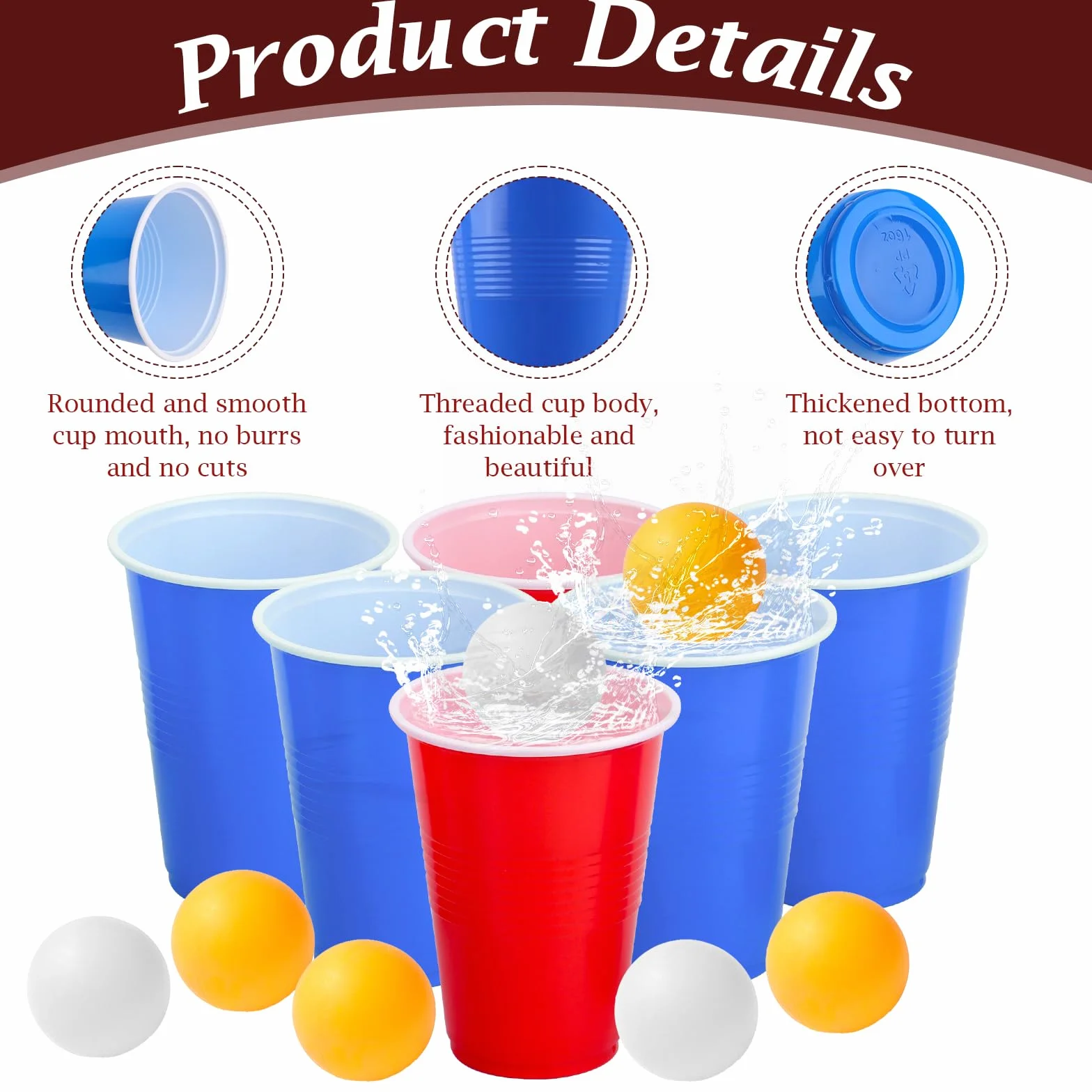 talifoca Set di bicchieri da birra per pong, con 50 bicchieri (500 ml) e 12 palline da ping pong, bicchieri riutilizzabili per feste, compleanni, festival, matrimoni e campeggio