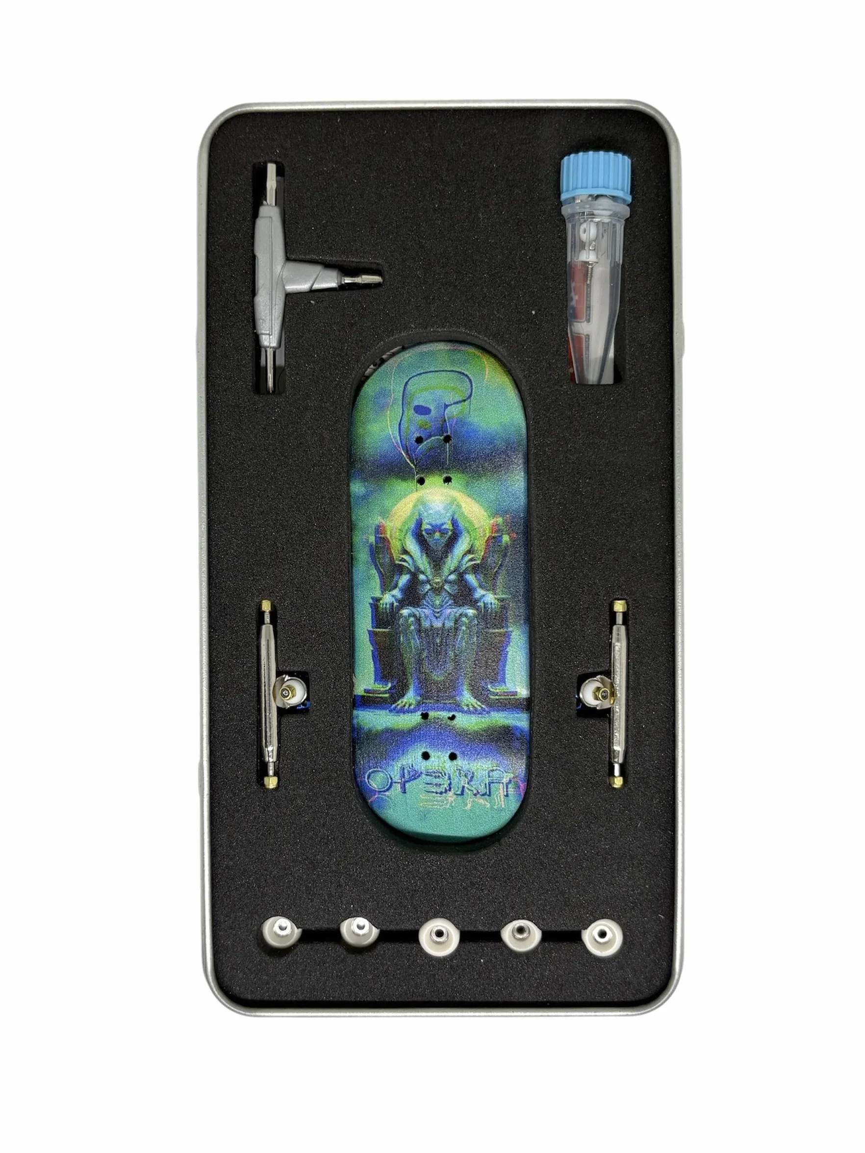 LEEFAI Pro Fingerboard Set completo 34 x 96 mm, tavola in acero, truck 4.0, design con stampa UV, mini skateboard da dito - Op3ra V3-Alienation