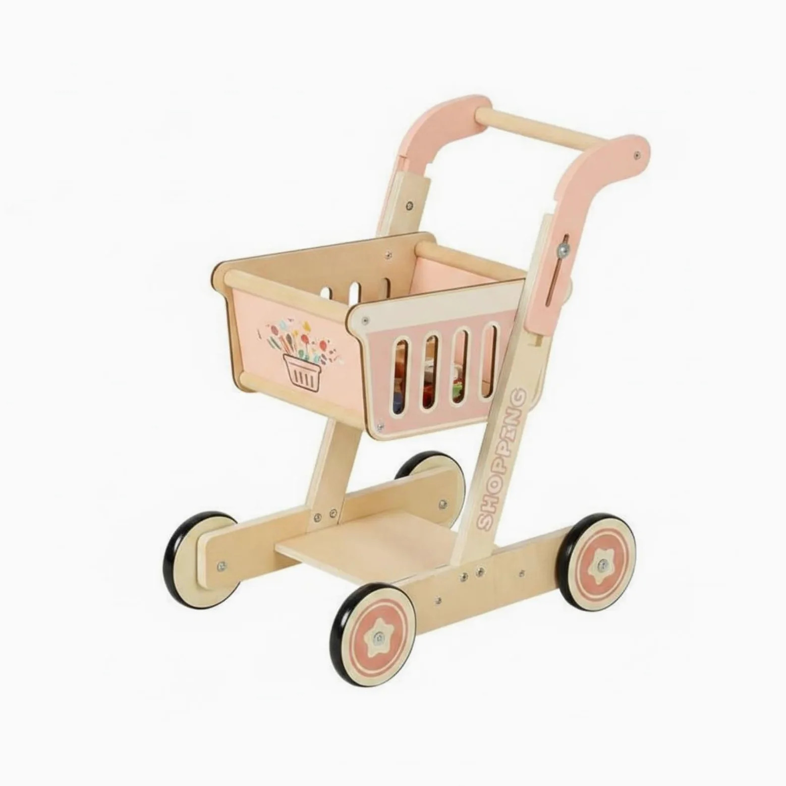 Milageto Carrello della Spesa Giocattolo in Legno per Bambini con Struttura Classica Ruote Lisce Maniglia Solida Comparto Aperto Set di Alimenti in Legno, Carrello della Spesa Rosa