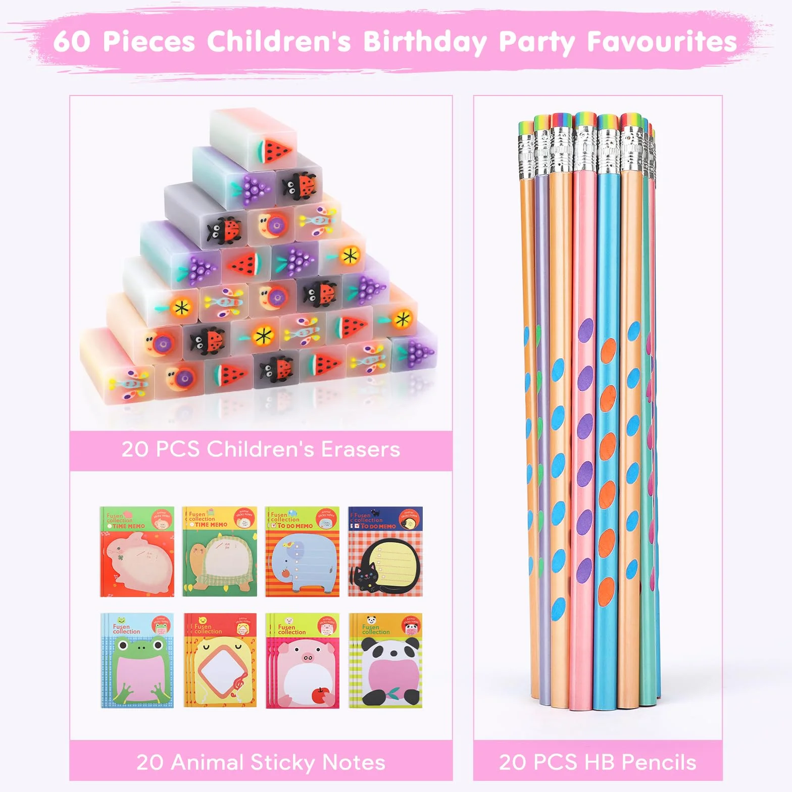 SKAMORI 60 Pezzi Matite con Gomma Gadget Compleanno Bambini, 20 Matite Bambini, 20 Gomme da Cancellare Divertenti e 20 Foglietti Adesivi, Regalini Fine Festa Compleanno Invitati