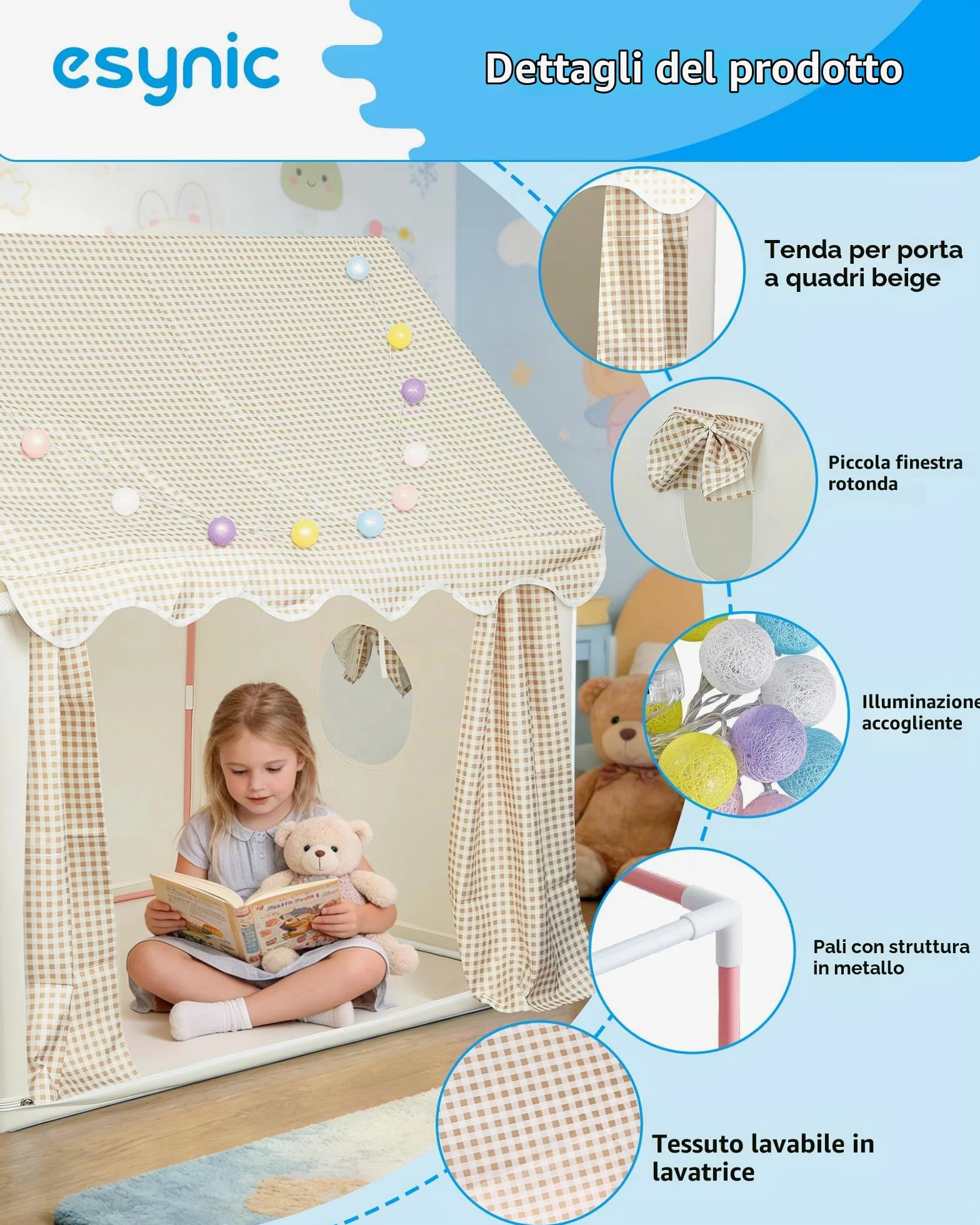eSynic Tenda da Gioco per Bambini con Luci LED Decorative, Casetta Stanza di Attività Giochi con 2 Finestre per 2-3 Piccoli, Angolo da Lettura Studio, Facile da Montare - Beige a Quadri