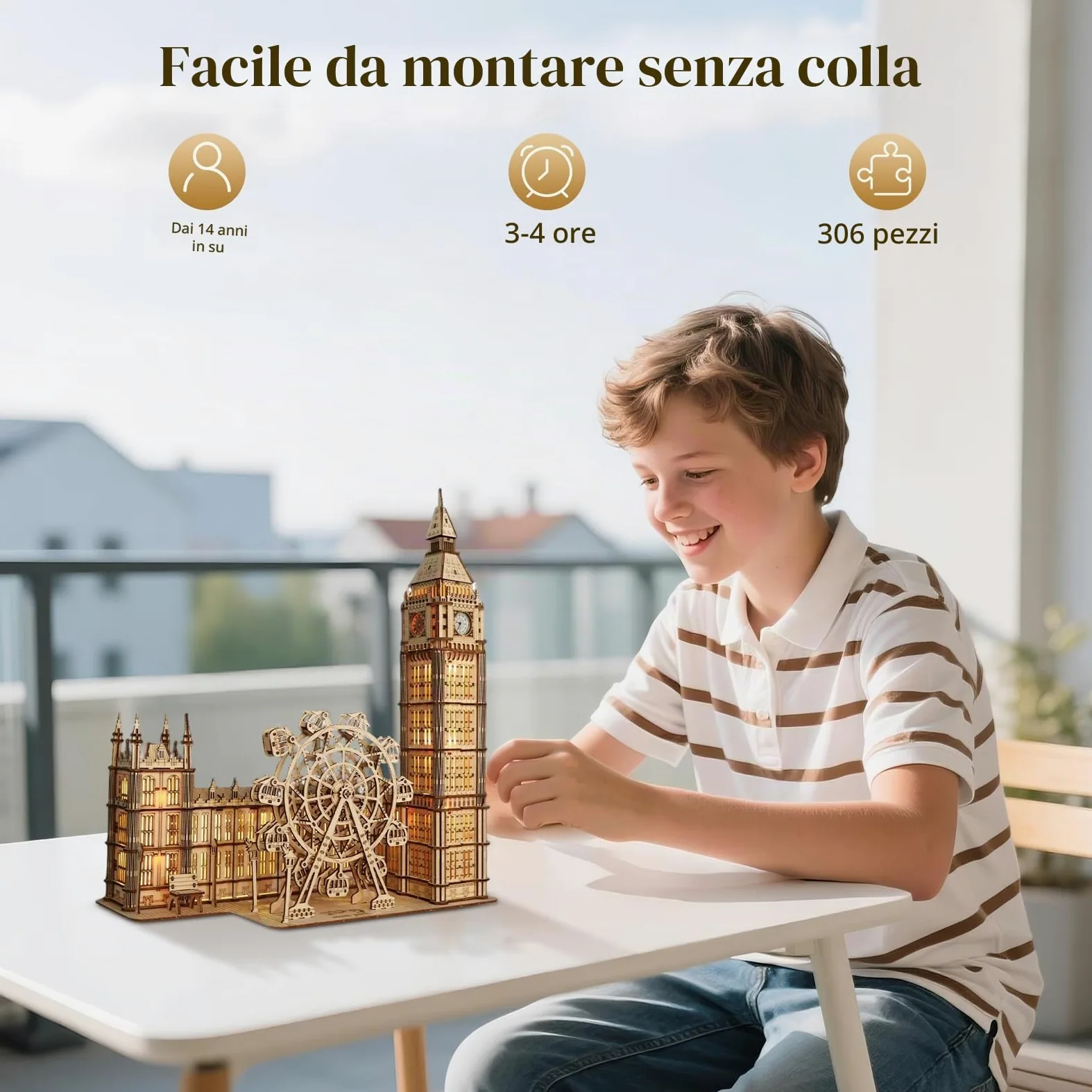 Puzzle 3D in legno Big Ben con orologio funzionante - Kit modello da 306 pezzi per adulti - Non richiede colla - Fai da te con ruota panoramica mobile - Decorazione per ufficio e soggiorno