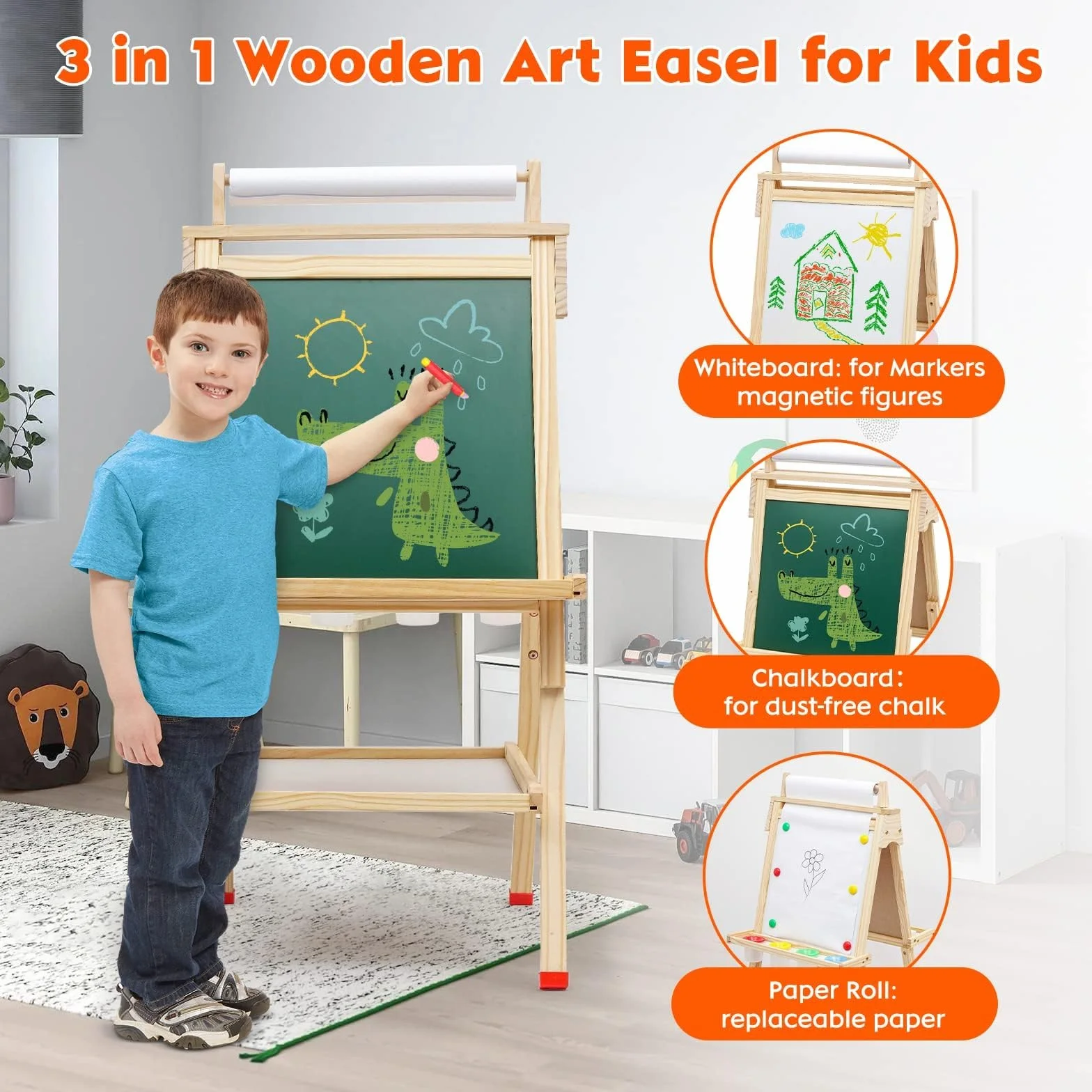 Lavagna per Bambini 3 in 1 Cavalletto in Legno Pittura in Regolabile Altezza, Lavagna Doppia Faccia, Lavagnas Multiattività con Rotolo di Carta, Numeri e Altri Accessori, Giocattolo Educativo 3+ Anni
