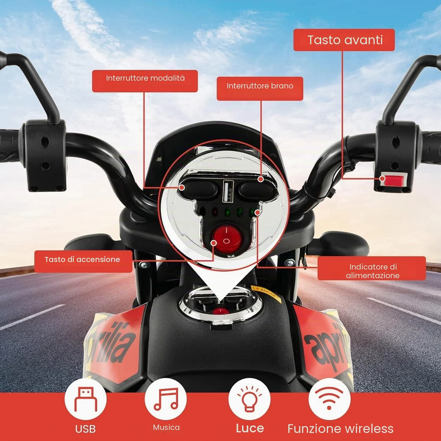 FANTASK APRILIA 12V MOTORE ELETTRICO PER BAMBINI 5.5-6km/h MOTO BAMBINI CON RUOTE DI SUPPORTO & MUSICA & FARI MOTO ROSSA E NERA PER BAMBINI DA 3-8 ANNI ROSSO