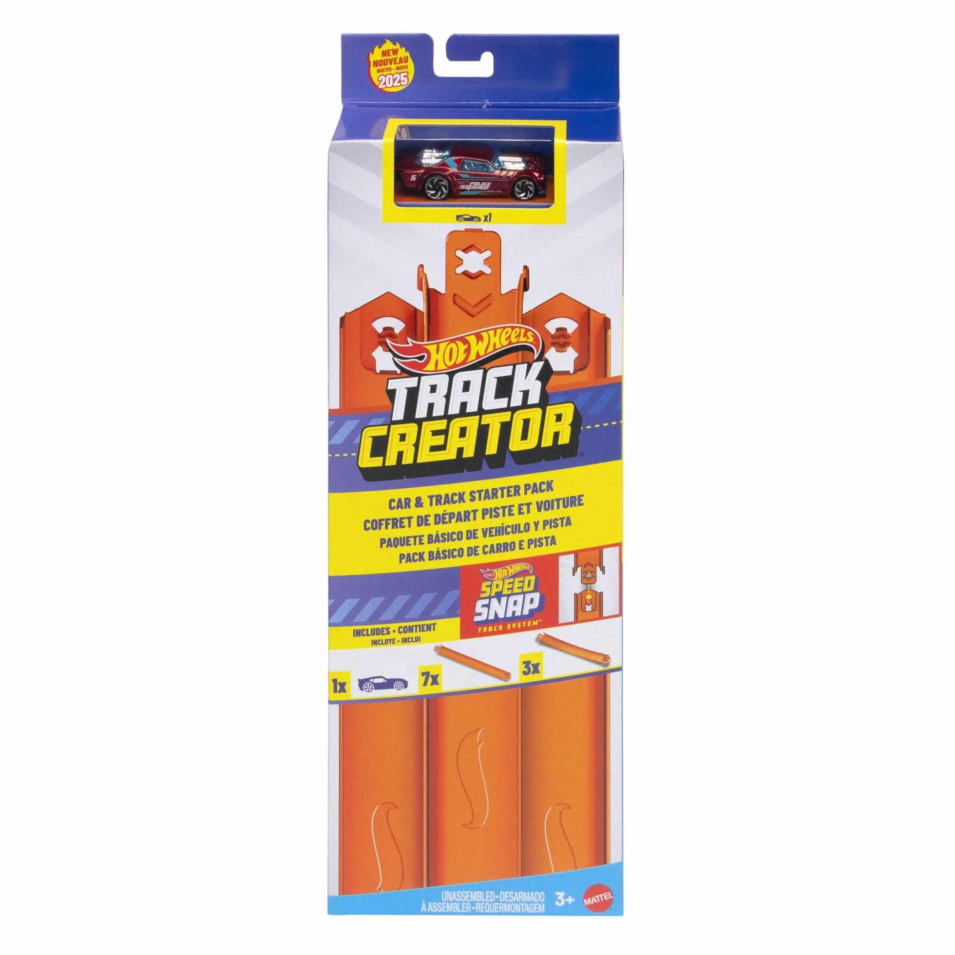 Hot Wheels - Track Creator Starter Pack, Set con macchinina in Scala 1:64 Inclusa e 3 Metri di Pezzi Speed Snap Track e Altri Pezzi con 2 adattatori, Giocattolo per Bambini, 3+ Anni, JDW43