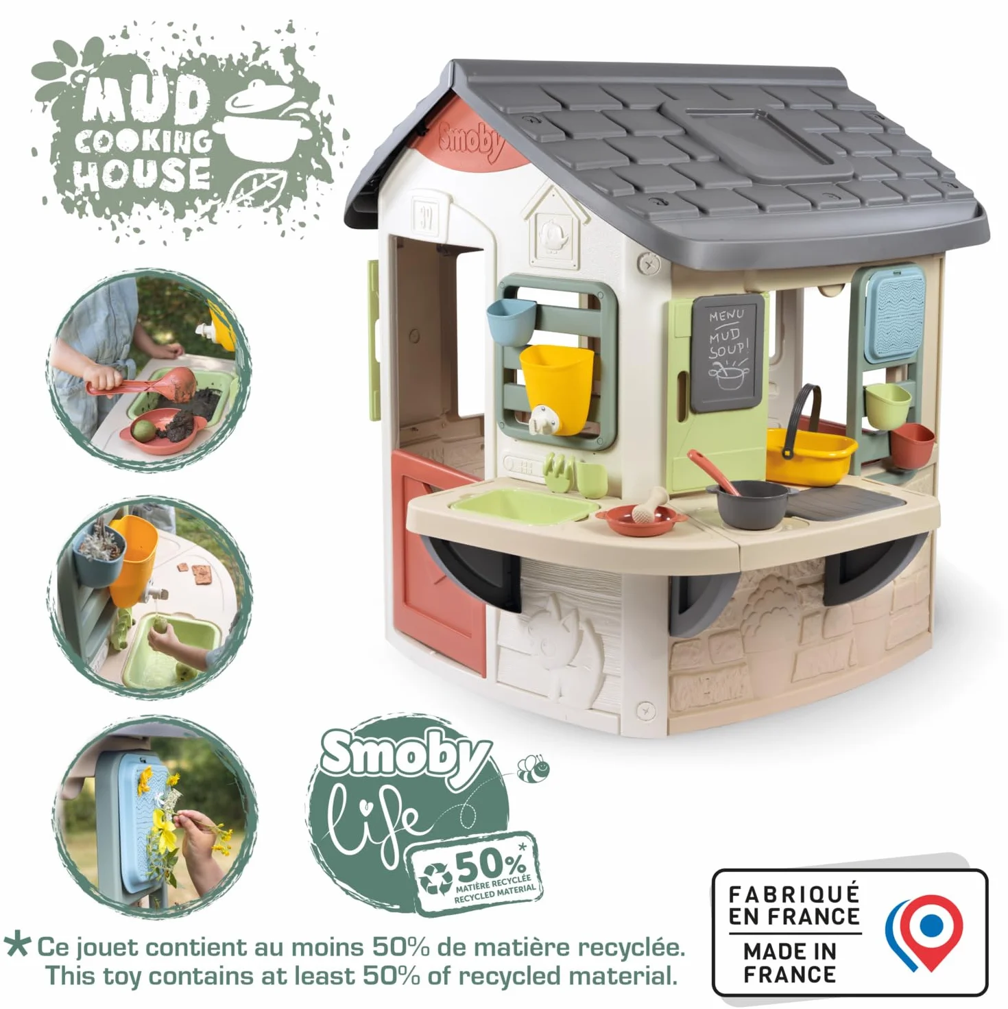 Smoby Life - Mud Cooking House - Cucina con pentole e teiere - Ampio piano di lavoro - 16 accessori inclusi - Materiale riciclato - Dai 2 anni in su - Prodotto in Francia