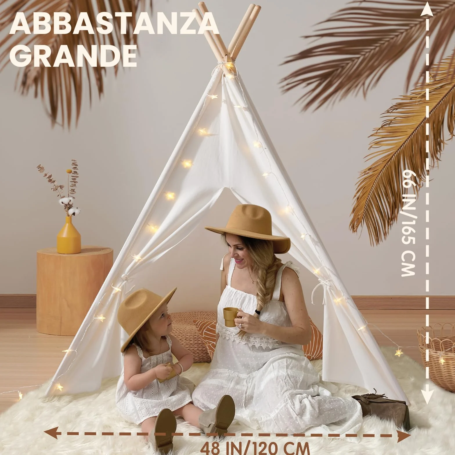 Tiny Land Tenda per Bambini con Coperta & Fata Luci & Borsa di tela - Tenda Indiana Bambini per Cameretta, Casetta Gioco Bambina & Ragazzo, Capanna Tipi Pieghevole Interno/Esterno, Regalo 3 Anni+