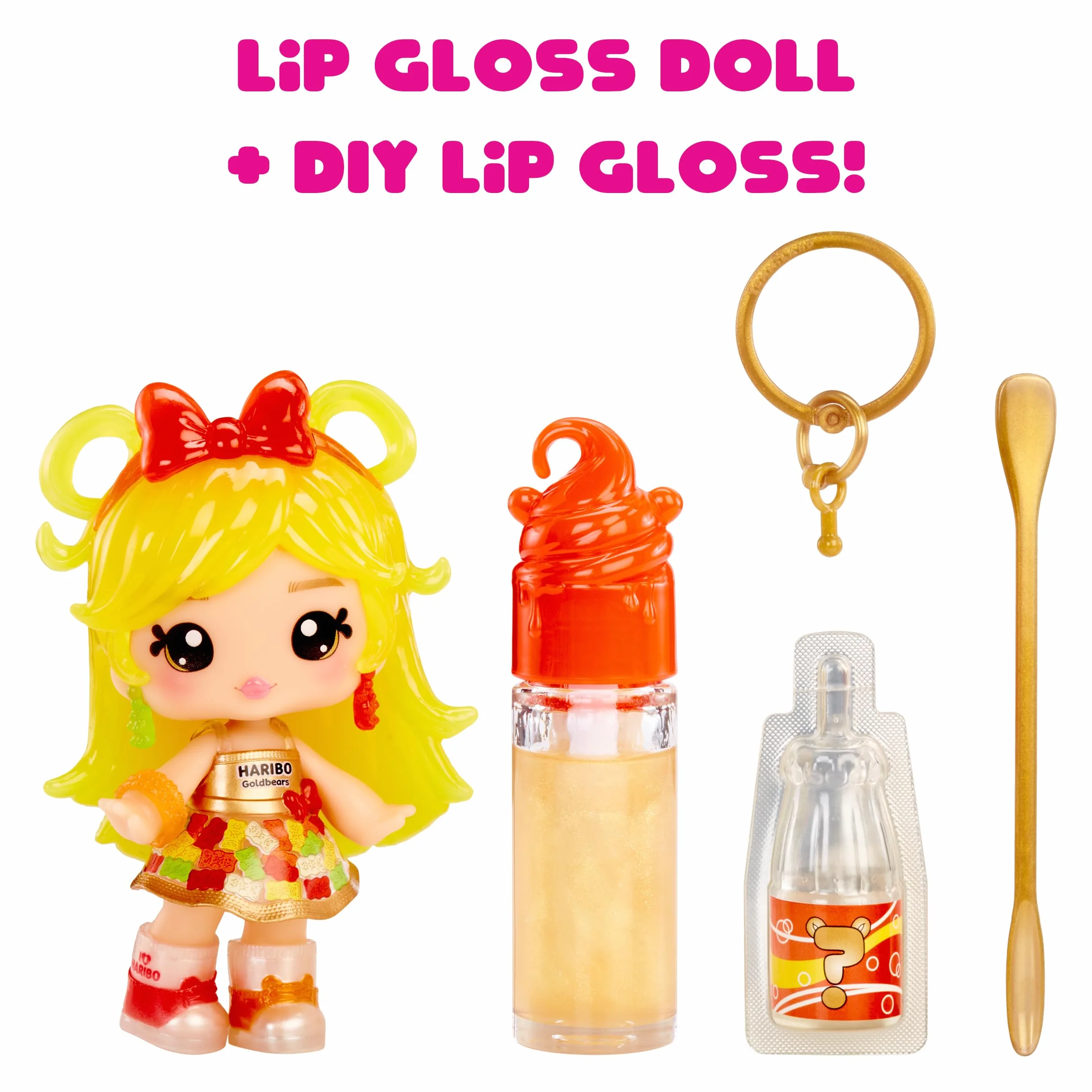 Yummiland x Licensed Sweets Lip Gloss Doll: Haribo Goldbears - Sweetie Goldbears - Include 1 Bambola, Lucidalabbra + Portachiavi rimovibile, Gioco cosmetico, Collezionabile. Età 4+